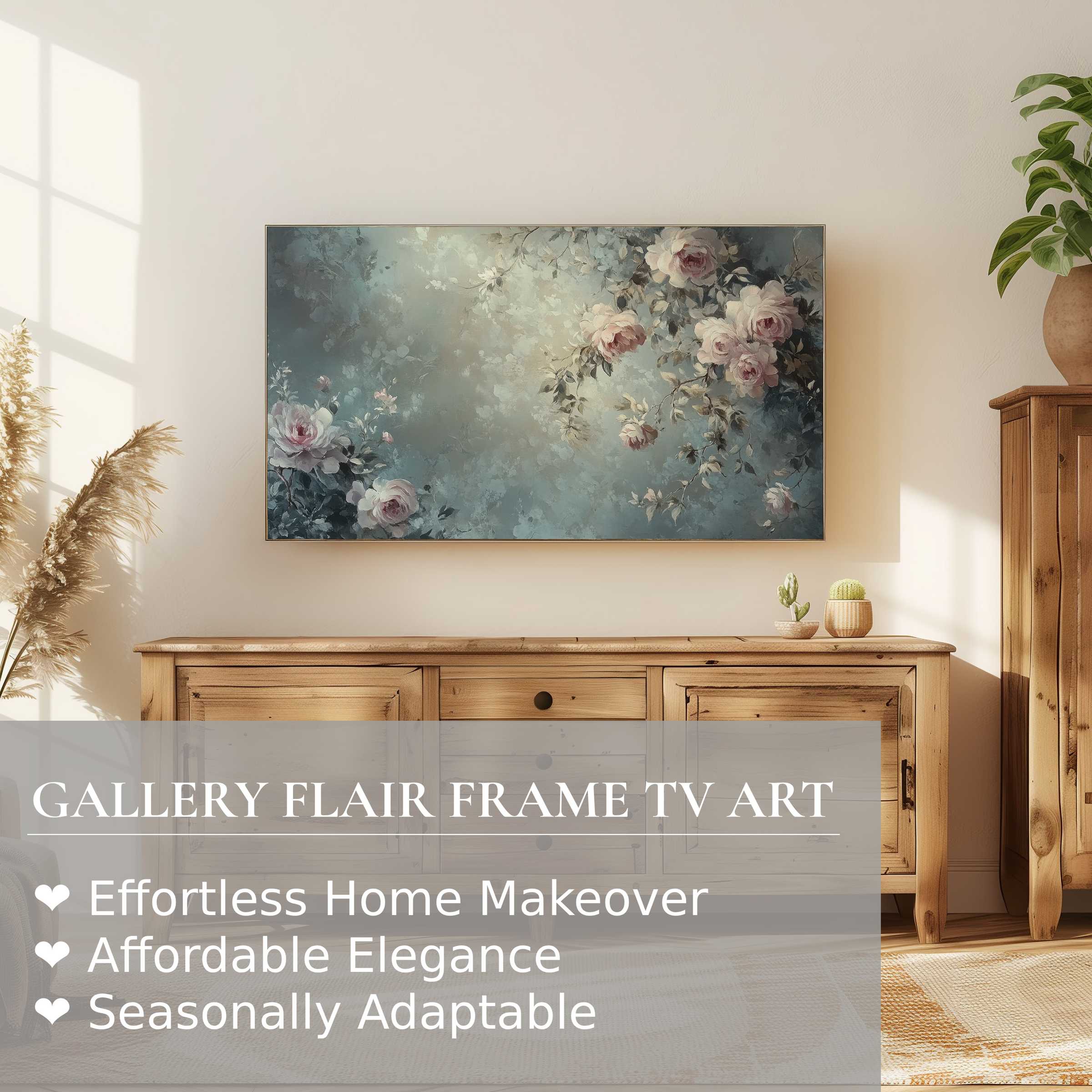Elegant botanical digital artwork on Samsung Frame TV enhances warm, modern room with soft floral hues and natural wooden decor