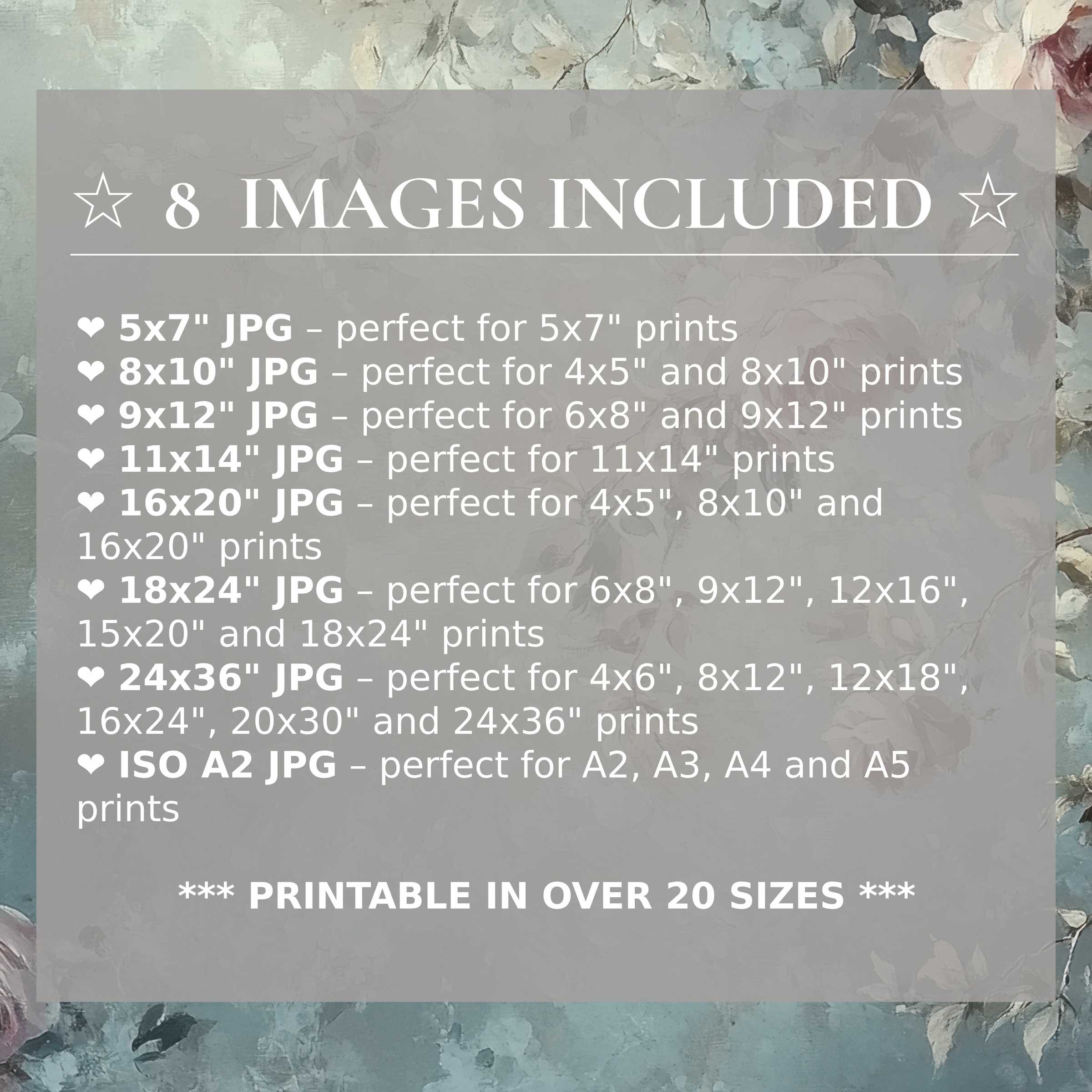 Botanical digital print rich in soft blues and blush tones, offering radiant elegance in 8 high-quality sizes included