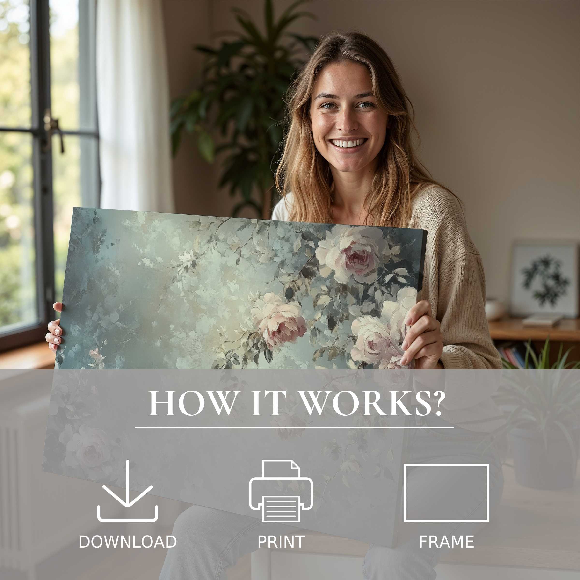 Botanical digital art print evokes serene joy and effortless elegance, bringing soulful beauty to modern living spaces