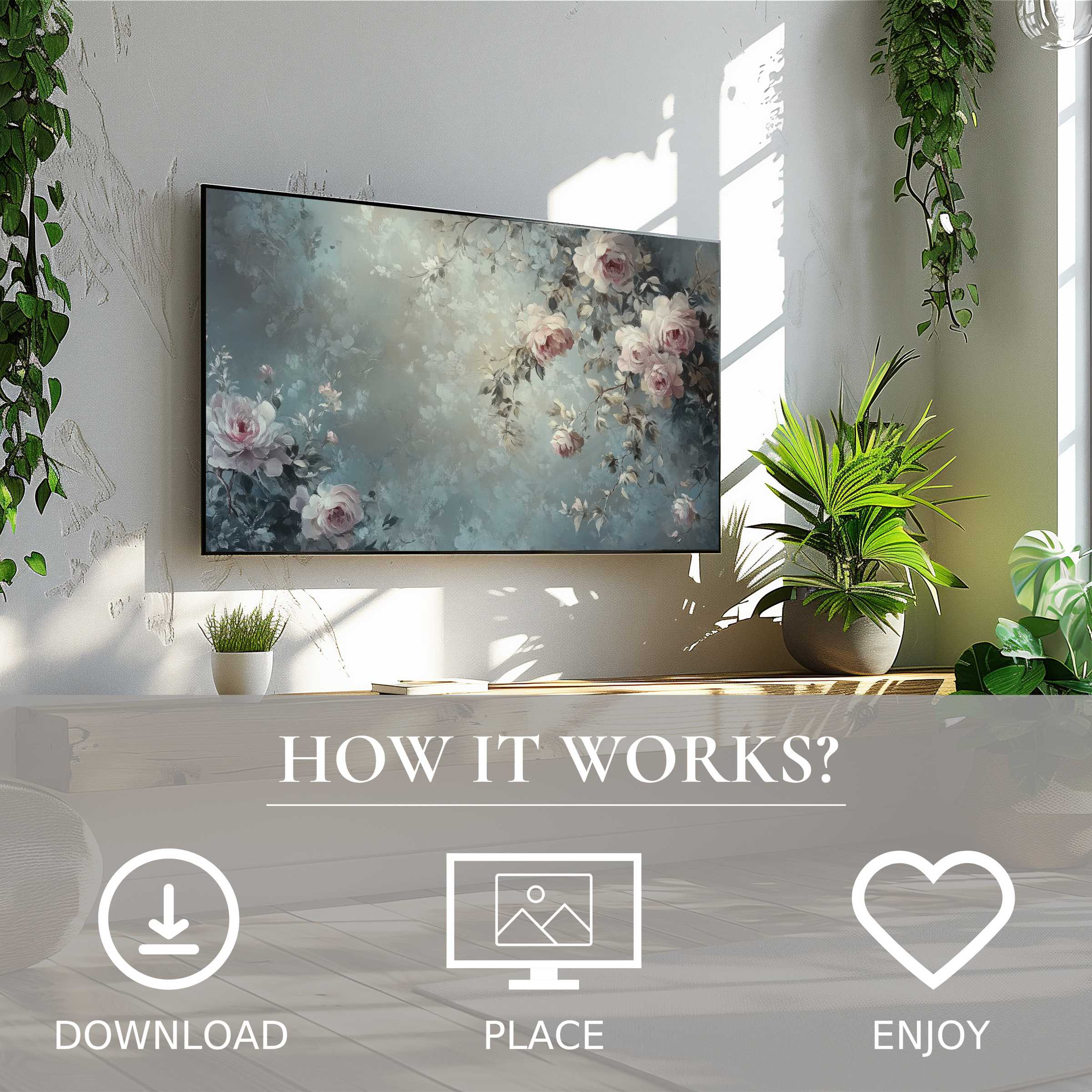Modern living room with botanical art for Samsung TV, soft floral tones, easy digital download, enriching space effortlessly