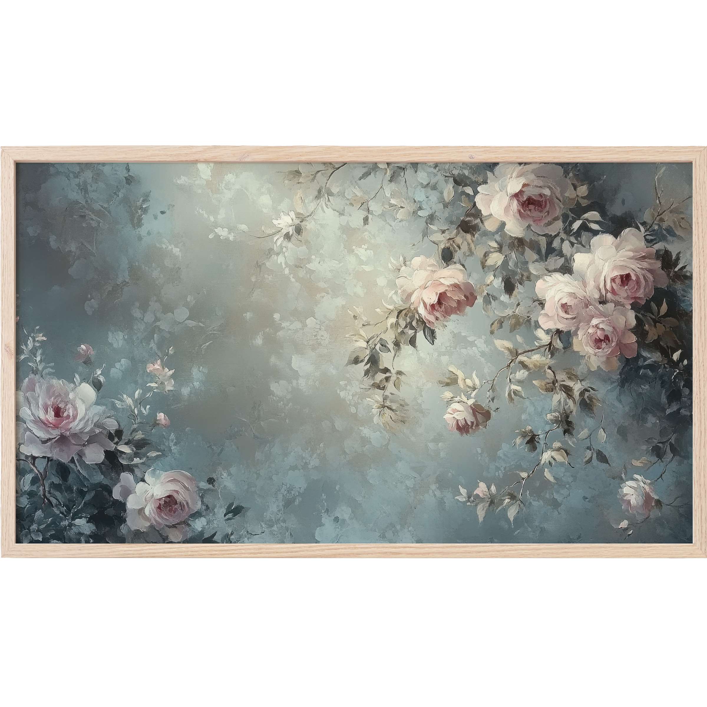 Elegant botanical Frame TV Art with soft pink roses and muted blue-gray tones in a delicate, painterly style