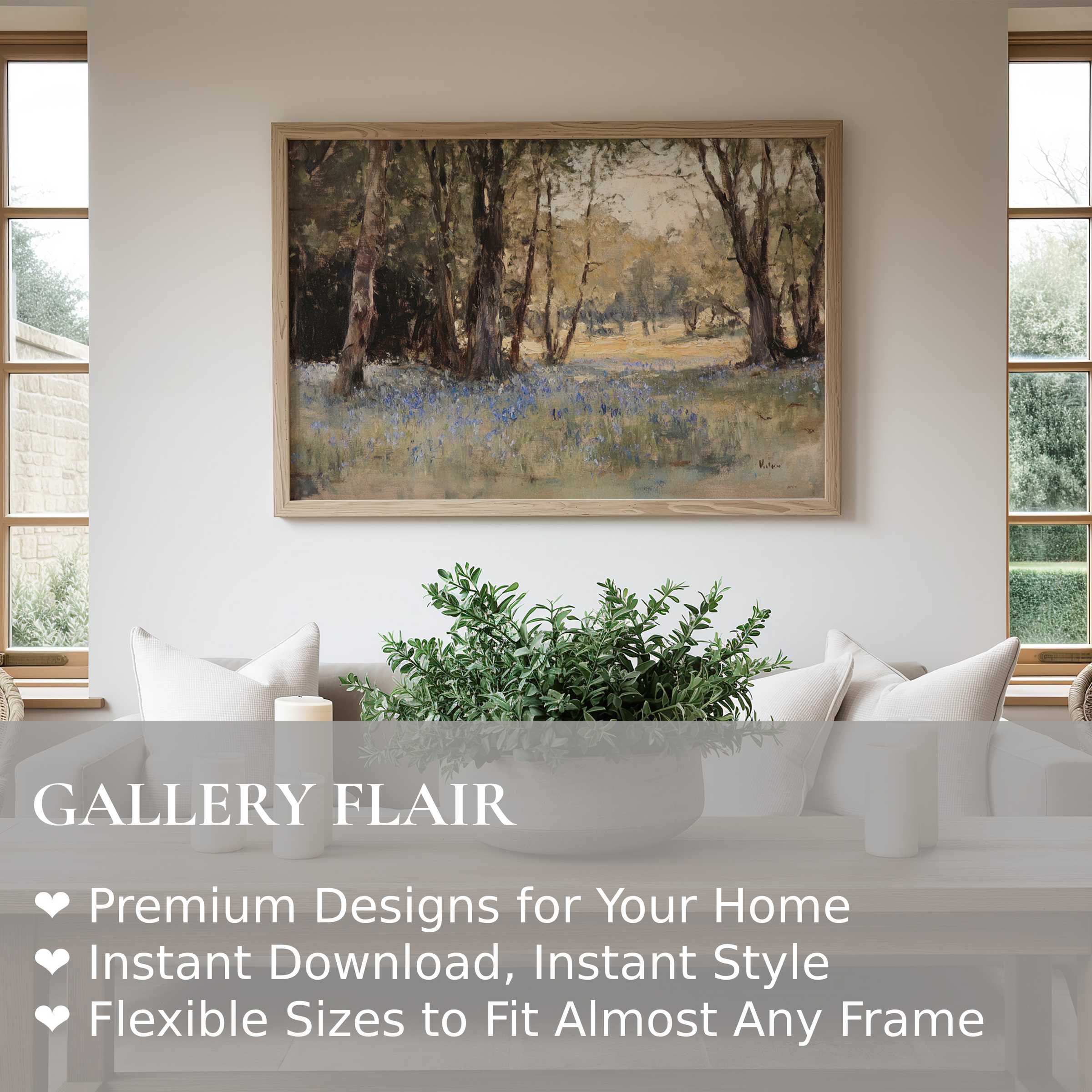Spring wall art print capturing a serene woodland scene with soft blues and warm light, enhancing modern minimalist interiors with calming nature vibes and timeless elegance