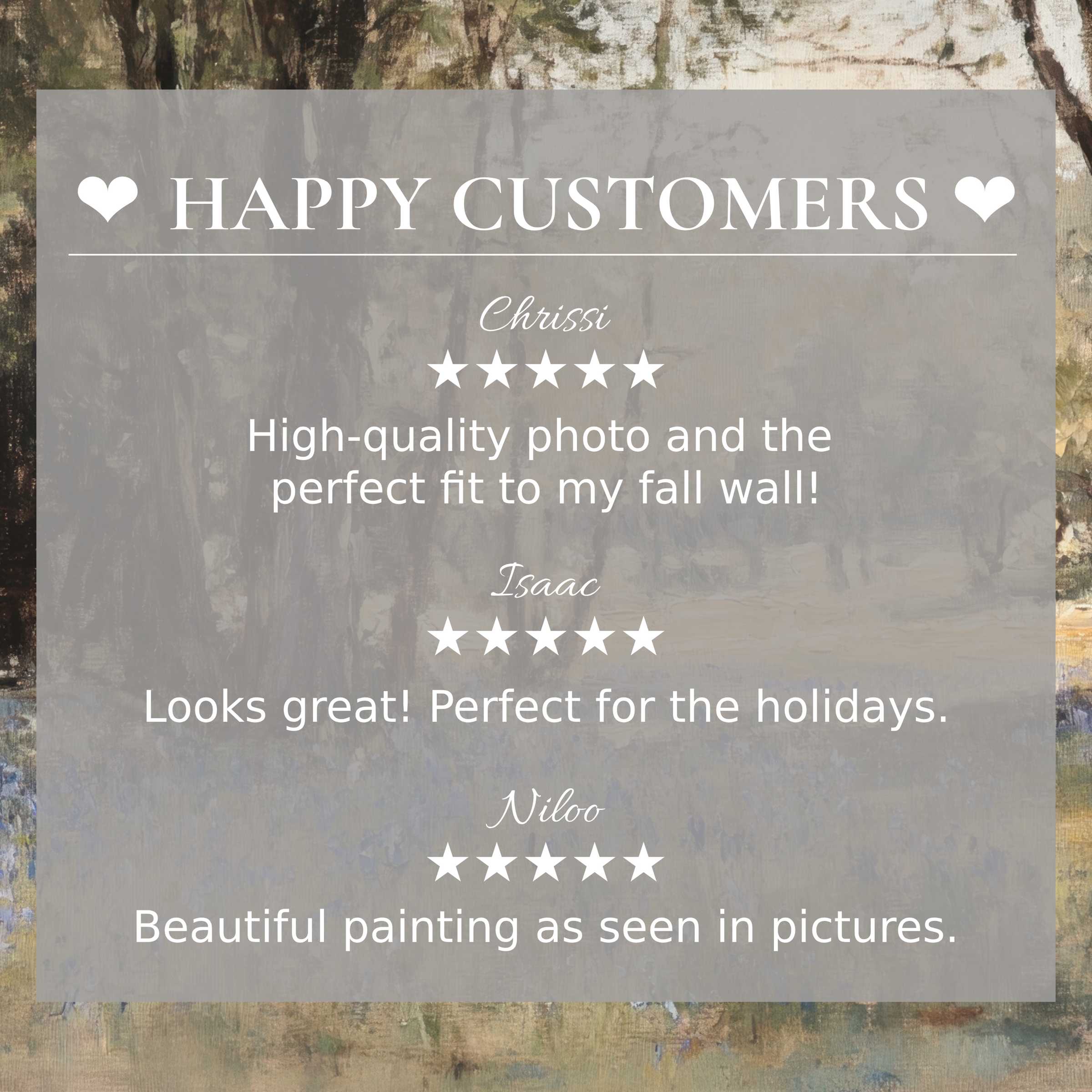 Elegant spring art for Frame TV over muted landscape background with happy customer reviews fostering trust