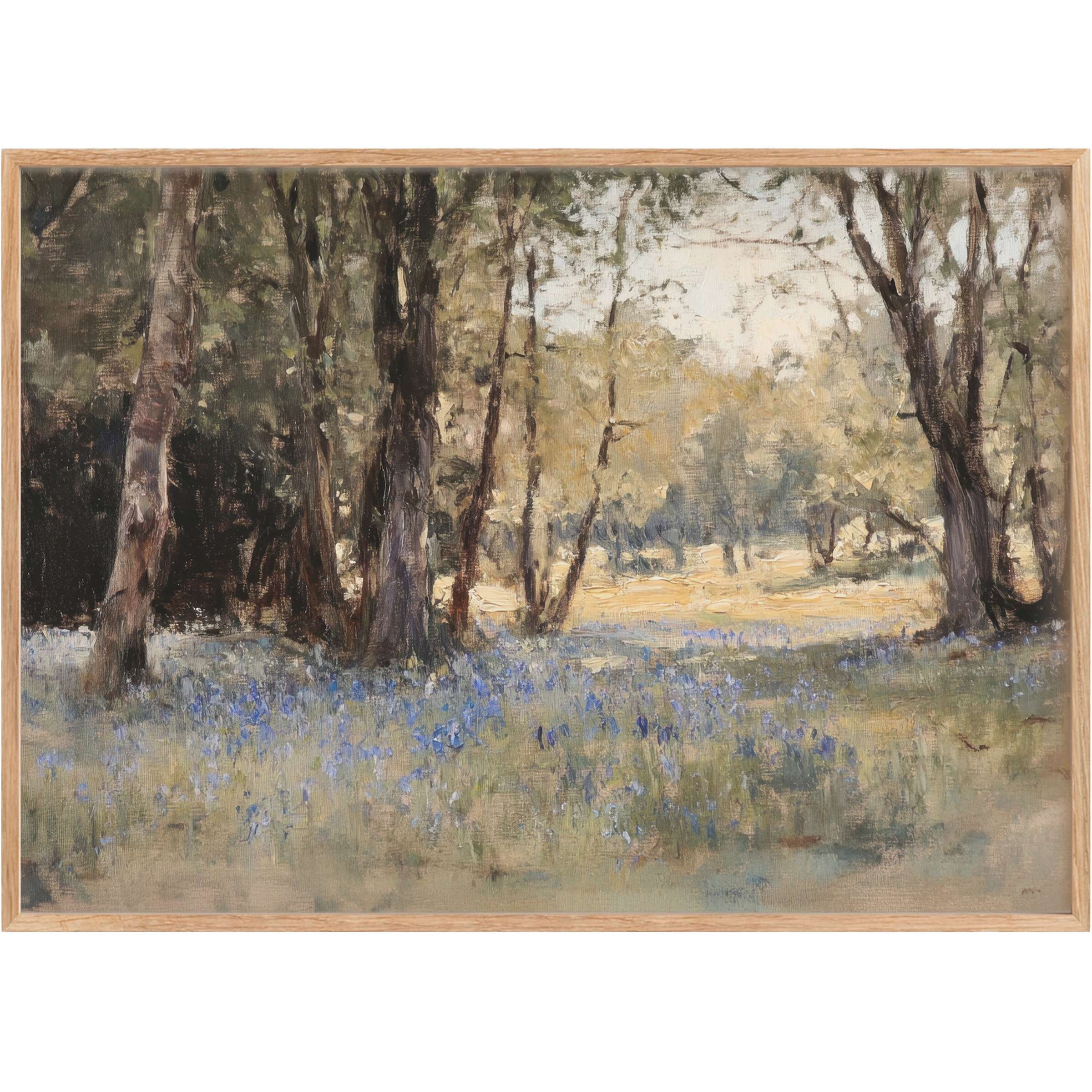 Serene spring printable wall art featuring soft blue wildflowers and gentle sunlight, evoking calm and timeless elegance
