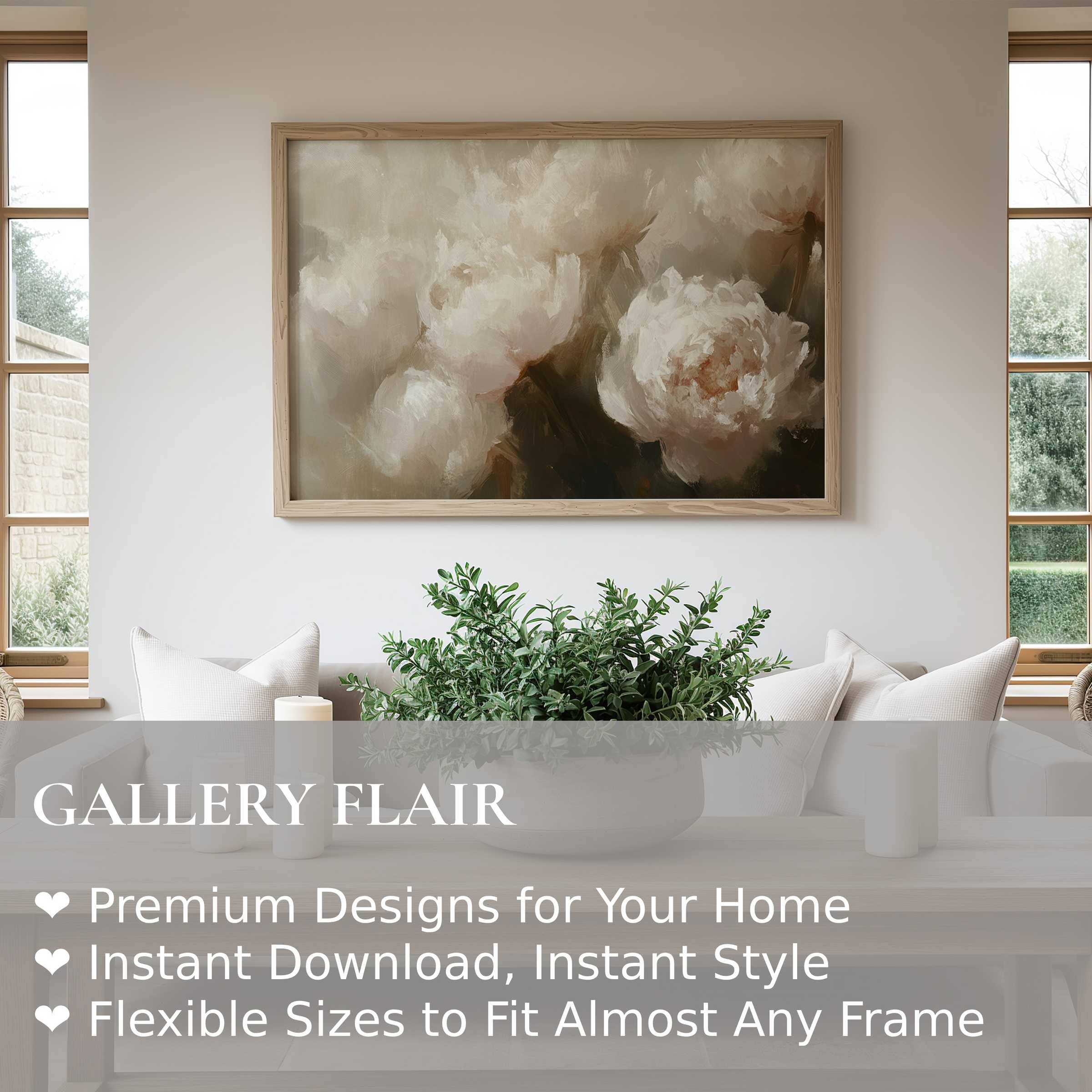 Soft, radiant floral wall art print with delicate peonies in muted tones, elevating serene modern farmhouse interiors with timeless elegance