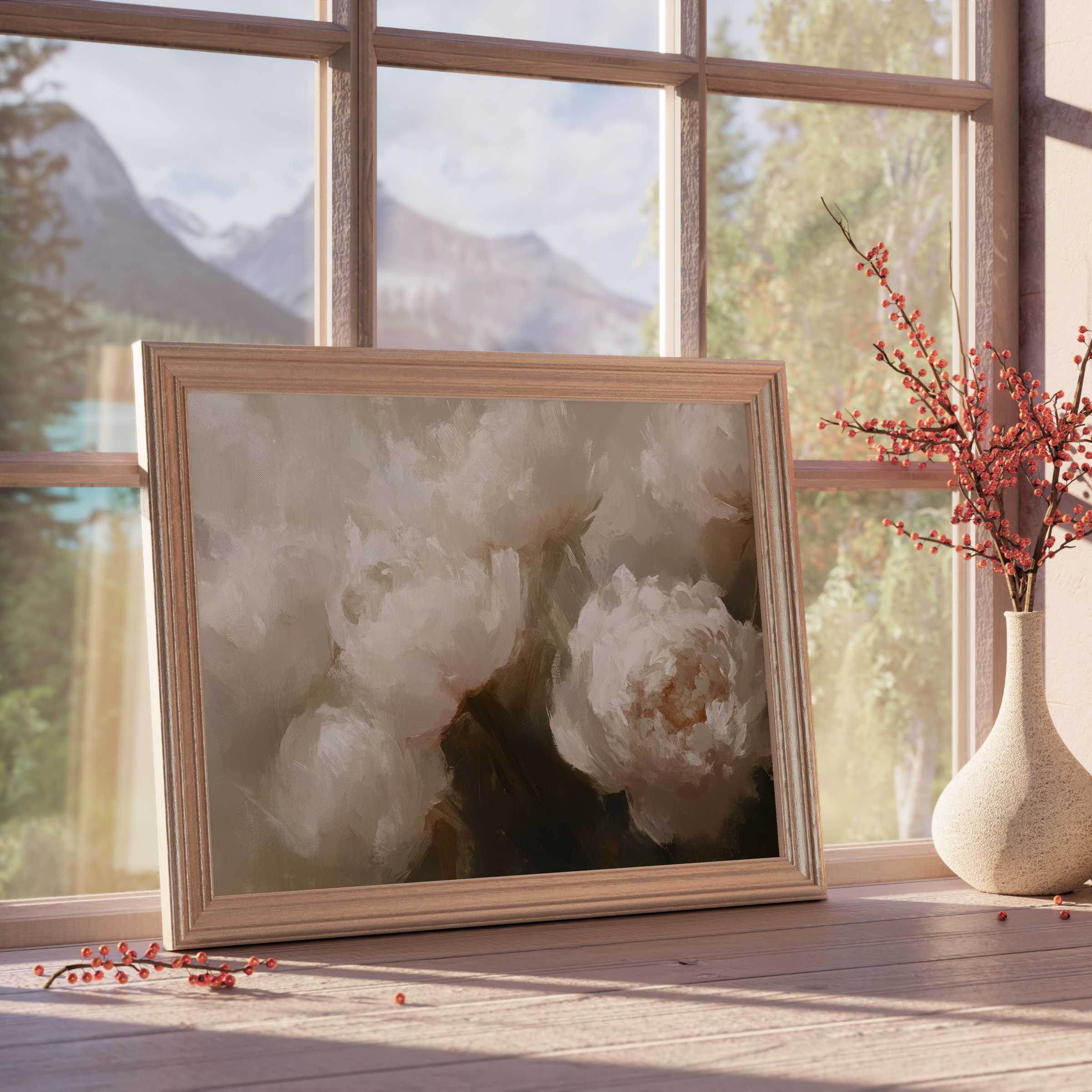 Softly textured floral downloadable art of creamy peonies radiates timeless elegance, enriching serene, design-forward interiors with warm sophistication