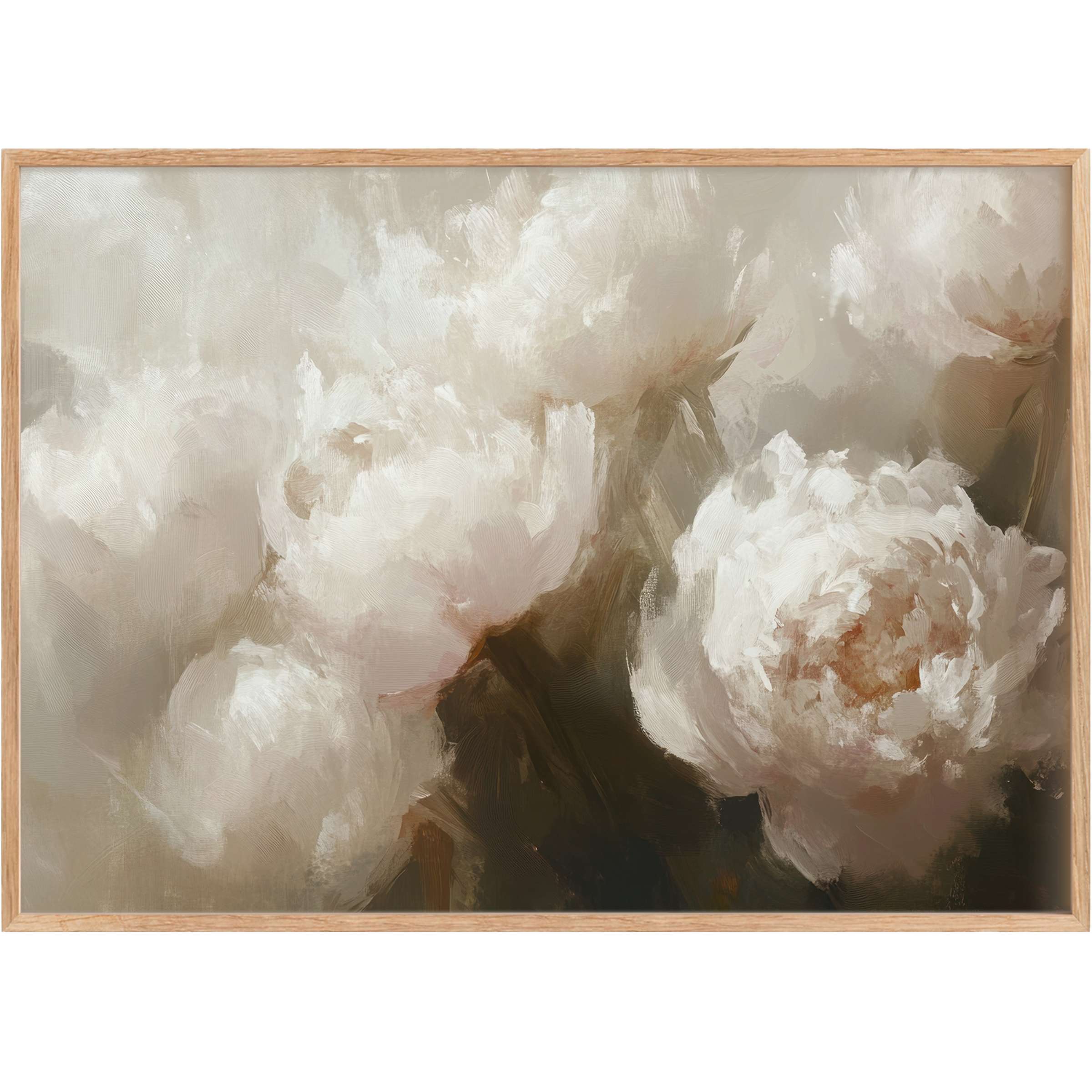 Elegant floral printable wall art in soft ivory and warm beige hues, radiating a serene, timeless ambiance for refined interiors