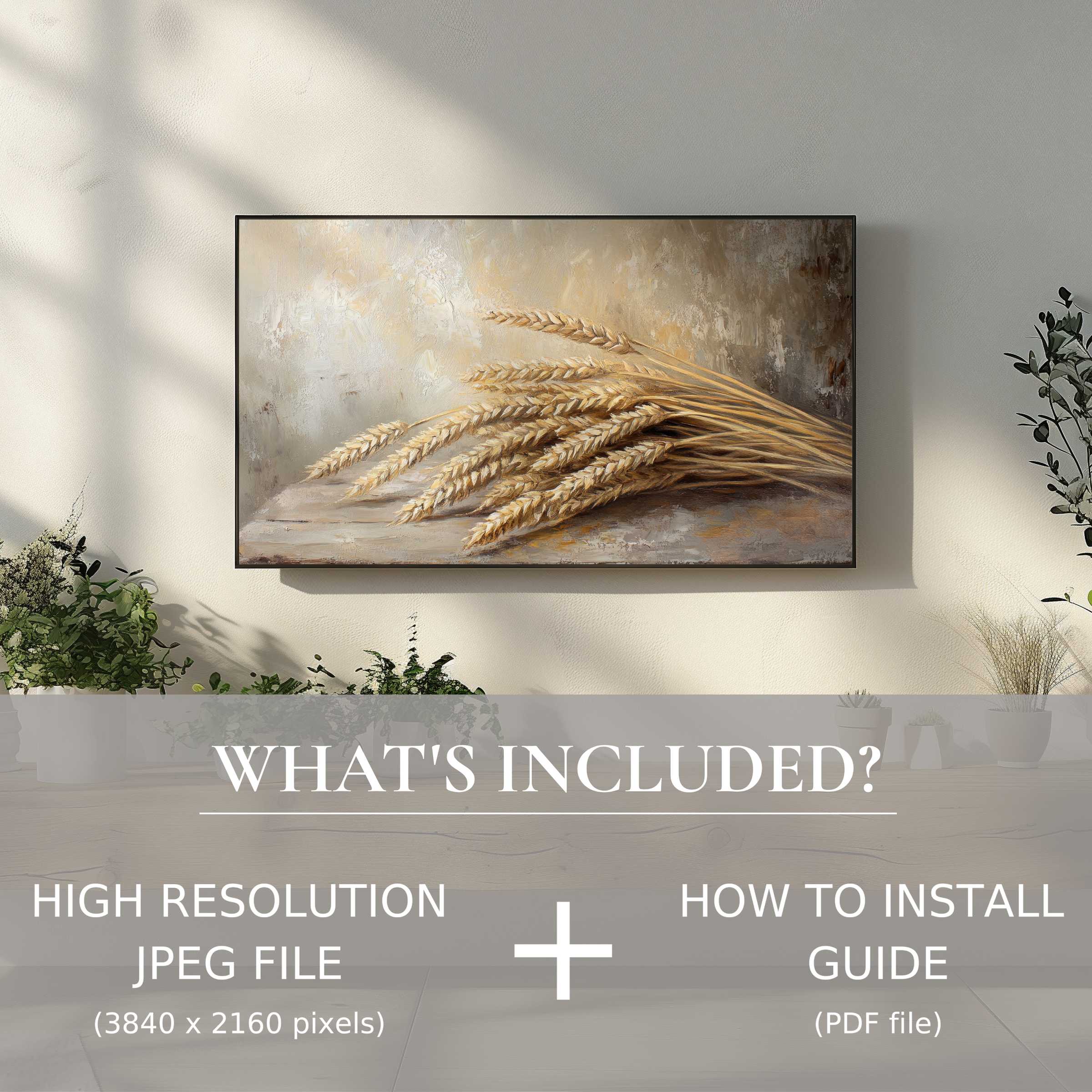 Elegant farmhouse digital TV art download enhances your stylish living space with easy digital use and warm wheat imagery