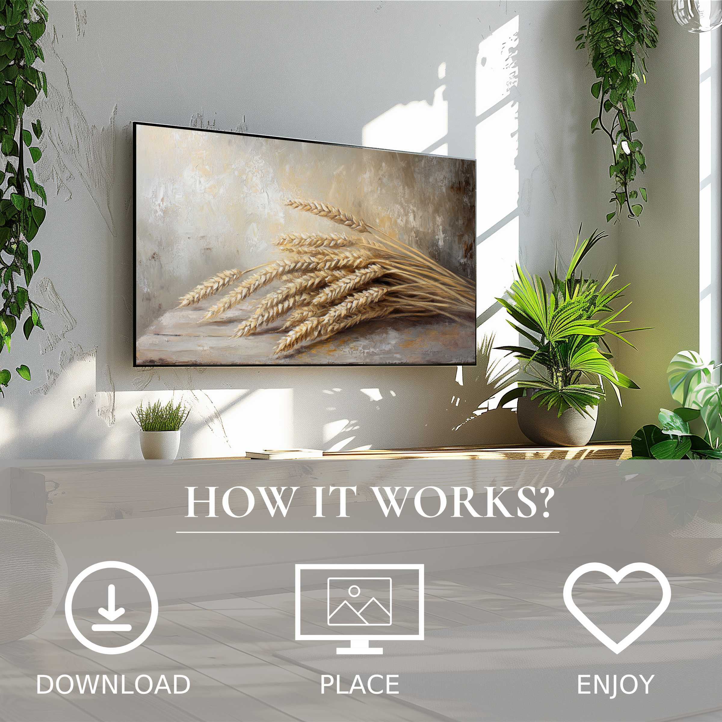 Farmhouse art for Samsung TV with warm wheat tones, simple digital download enriches your modern living space