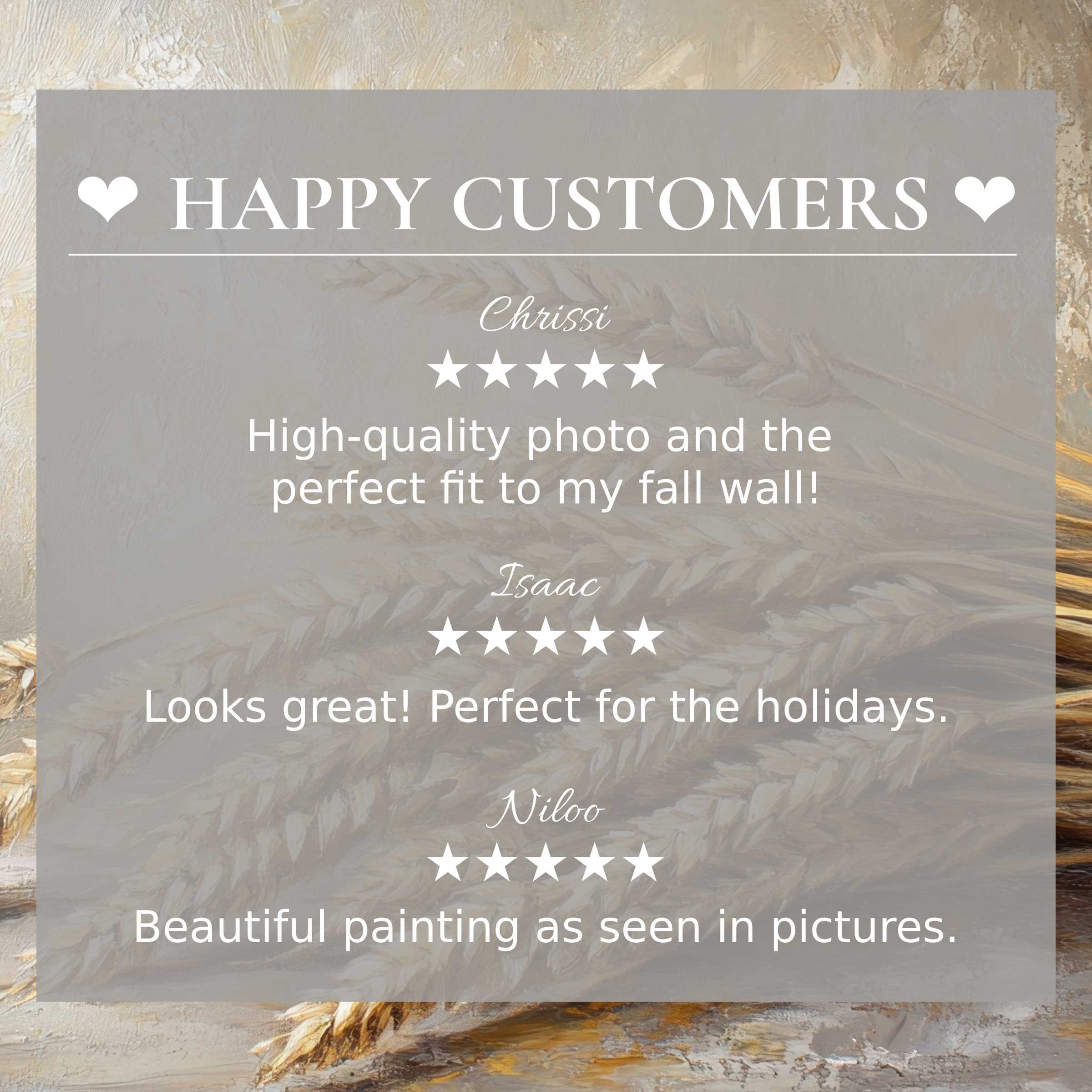 farmhouse art for Frame TV with abstract wheat background, showcasing happy customer reviews and elegant style trust