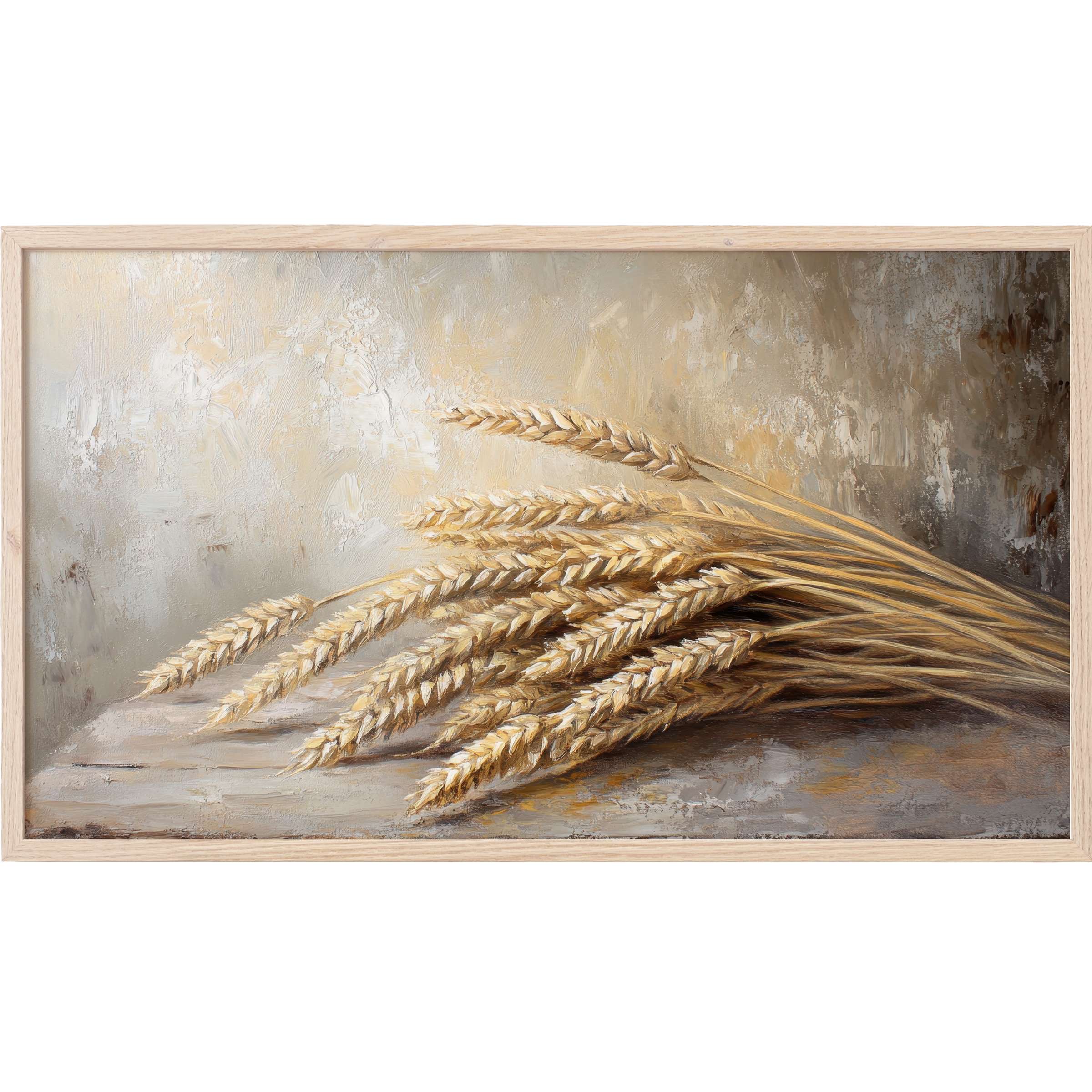 Farmhouse Frame TV Art with textured neutral background and golden wheat sheaves in soft, earthy tones for chic rustic decor