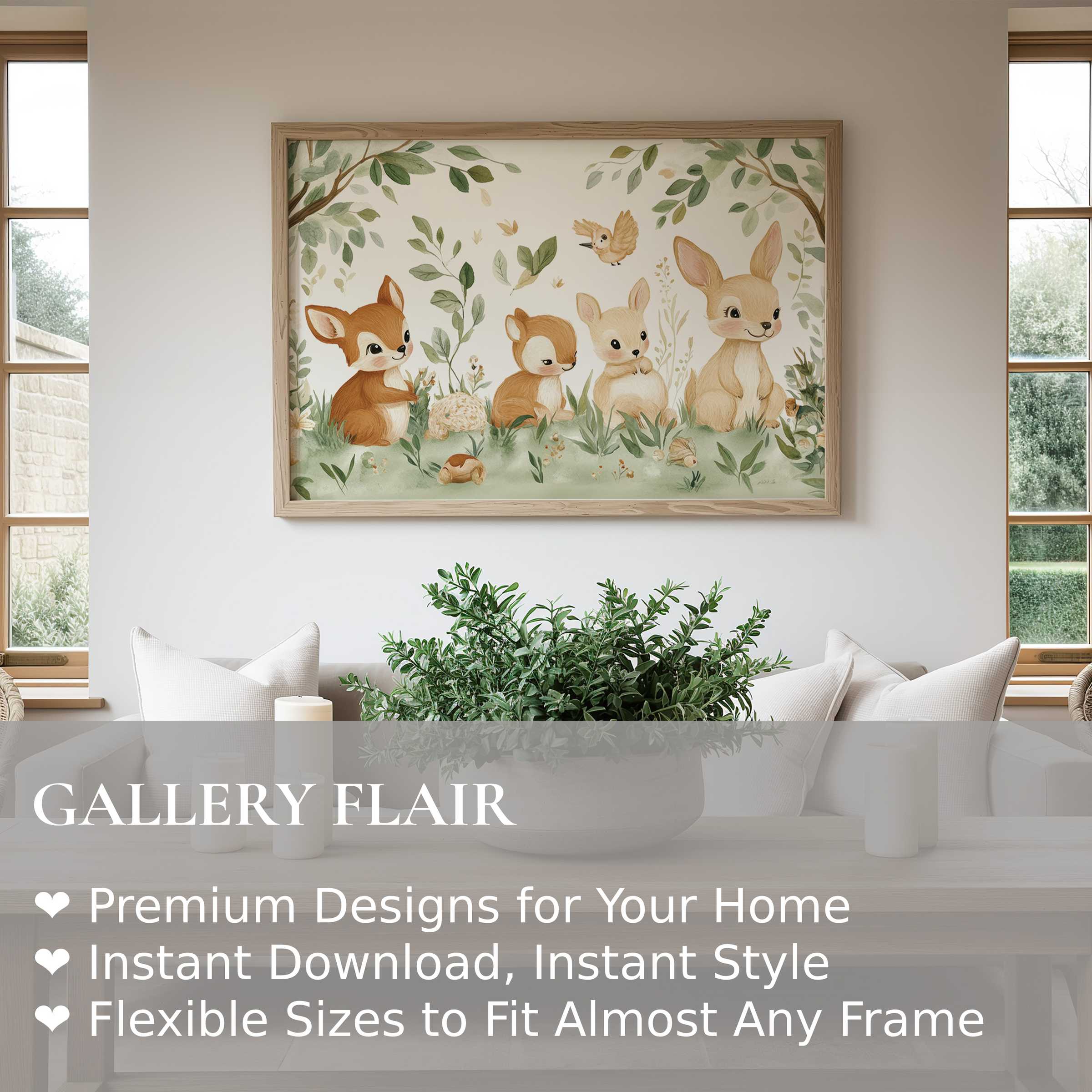 Soft, calming nursery wall art print featuring adorable woodland animals in a modern, minimalist nursery revealing serene, nature-inspired charm