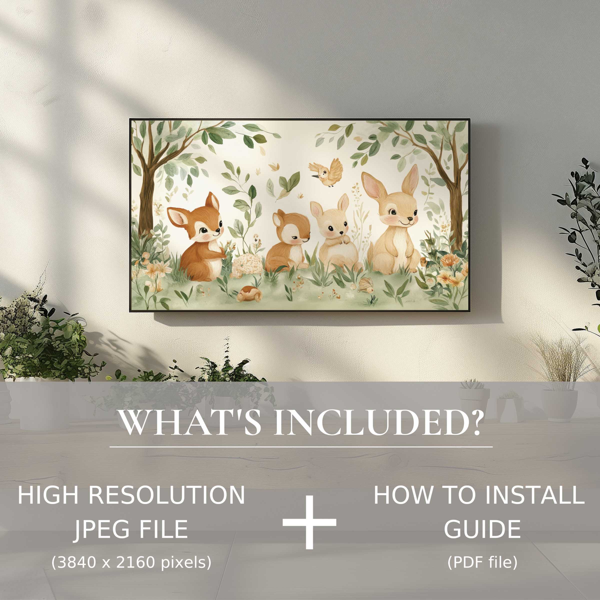 Elegant nursery digital TV art download featuring woodland creatures, easy digital use enhances your stylish living space
