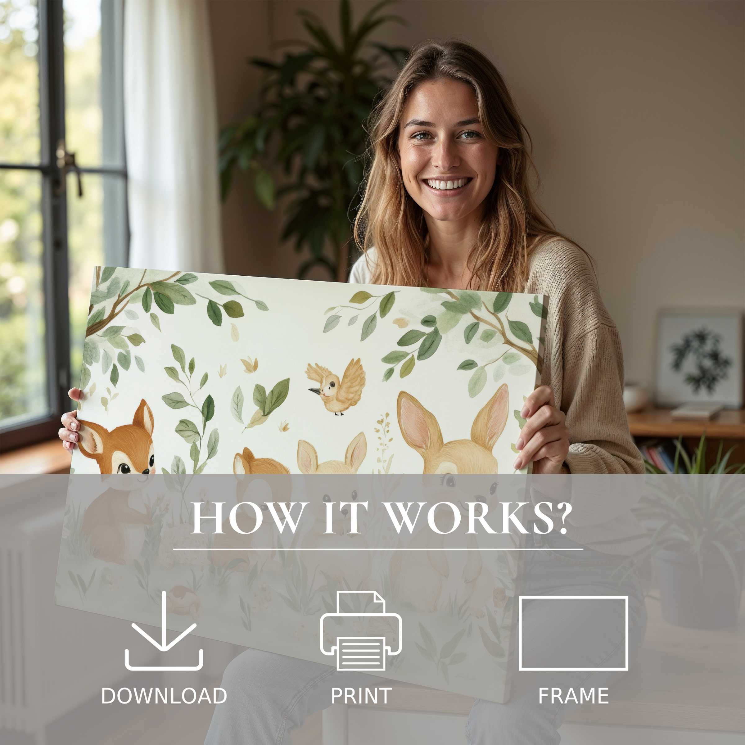 Radiant joy illuminates a modern home as a woman shares a nursery digital art print’s gentle forest charm