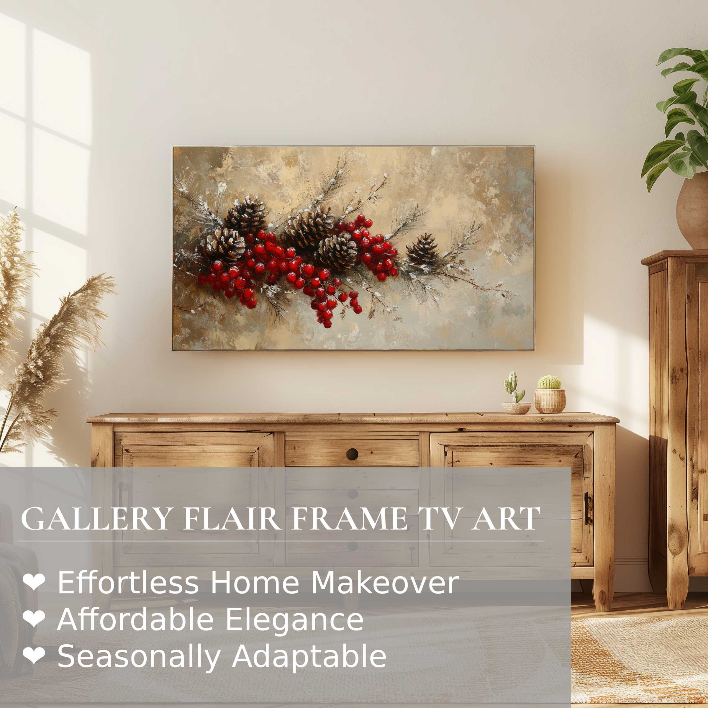 Samsung Frame TV showcasing elegant christmas digital artwork of pinecones and berries in a warm modern setting