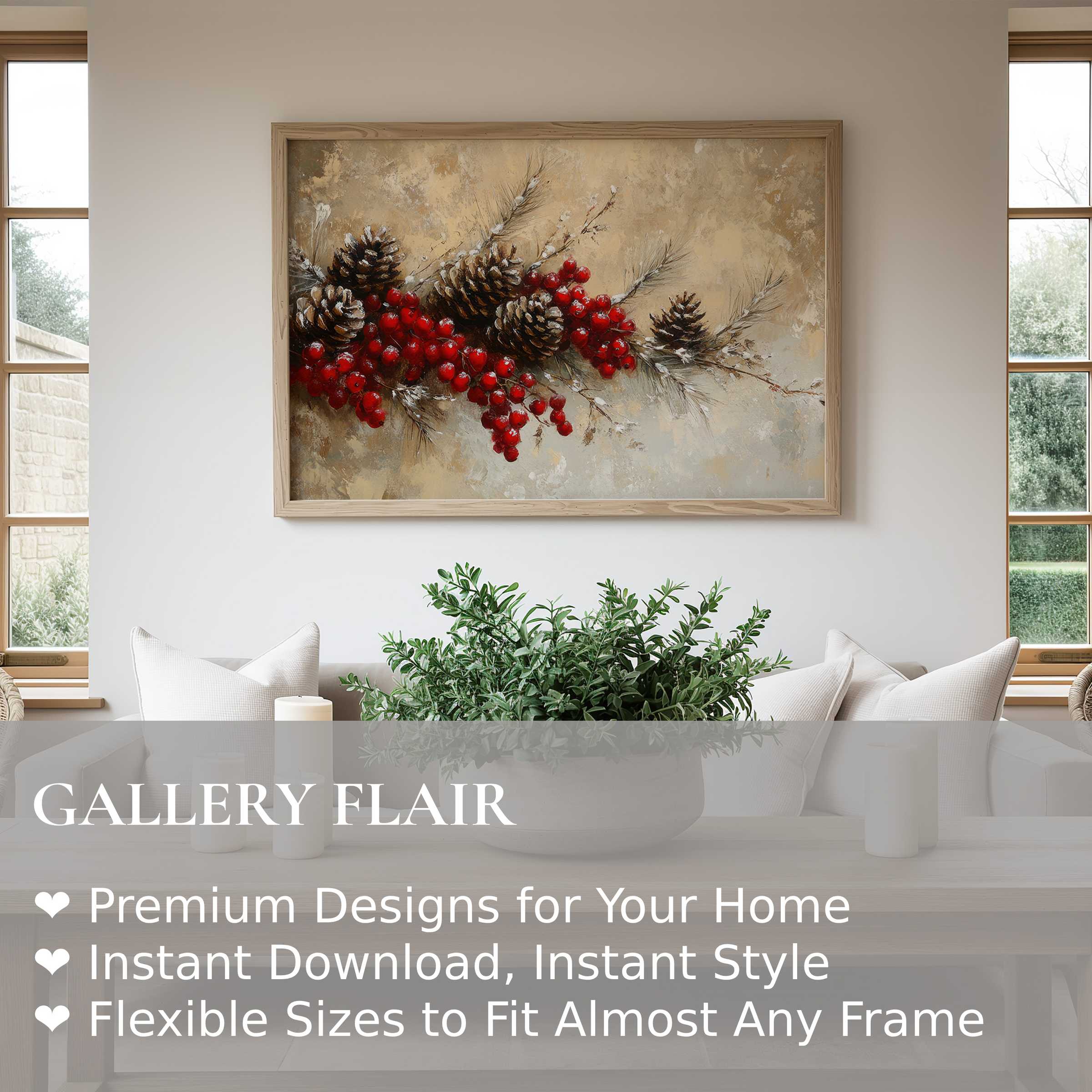 Christmas wall art print with vibrant red berries and rustic pinecones exudes warm, natural charm in contemporary neutral interiors