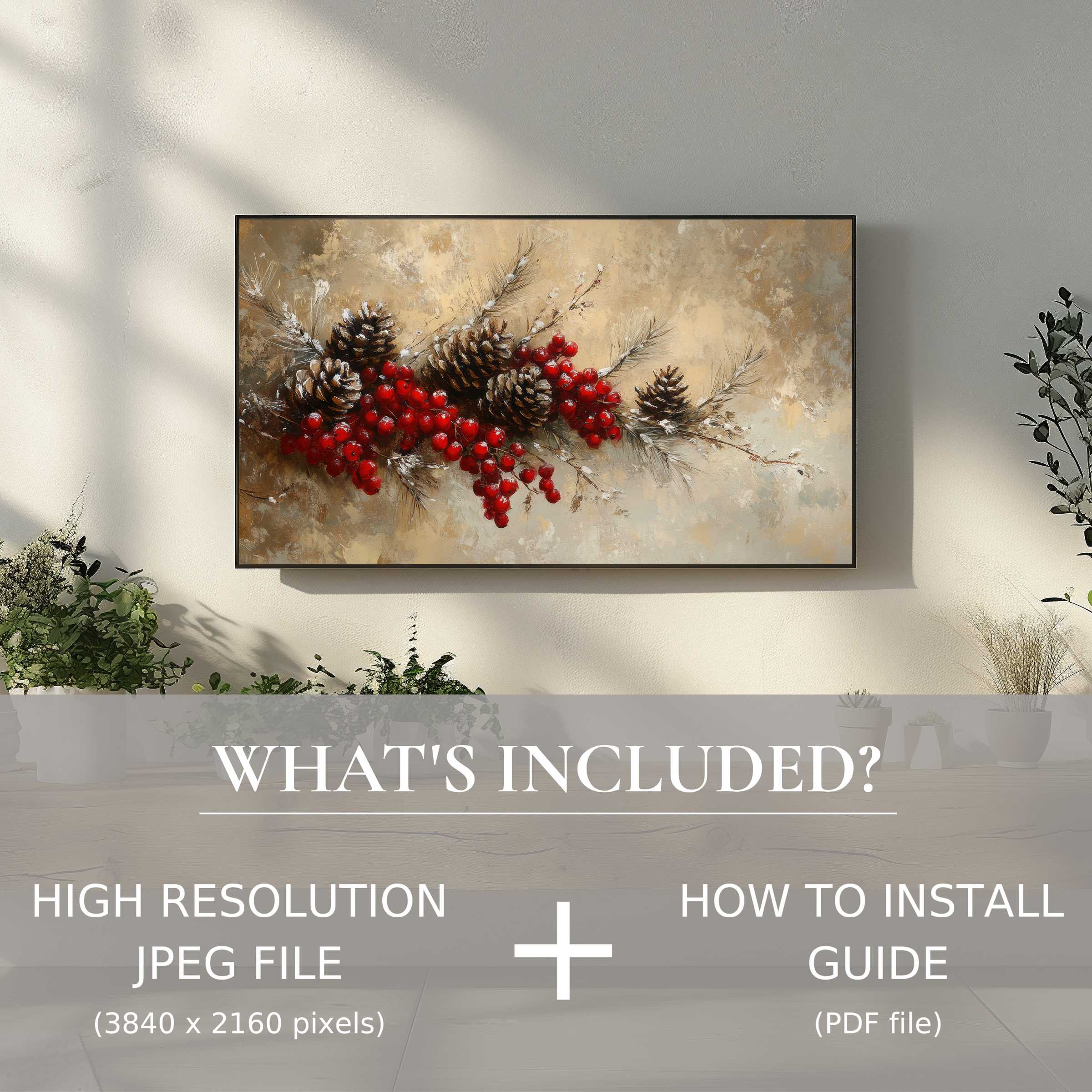 Elegant christmas digital TV art download featuring pinecones and berries enhances living spaces with easy digital use