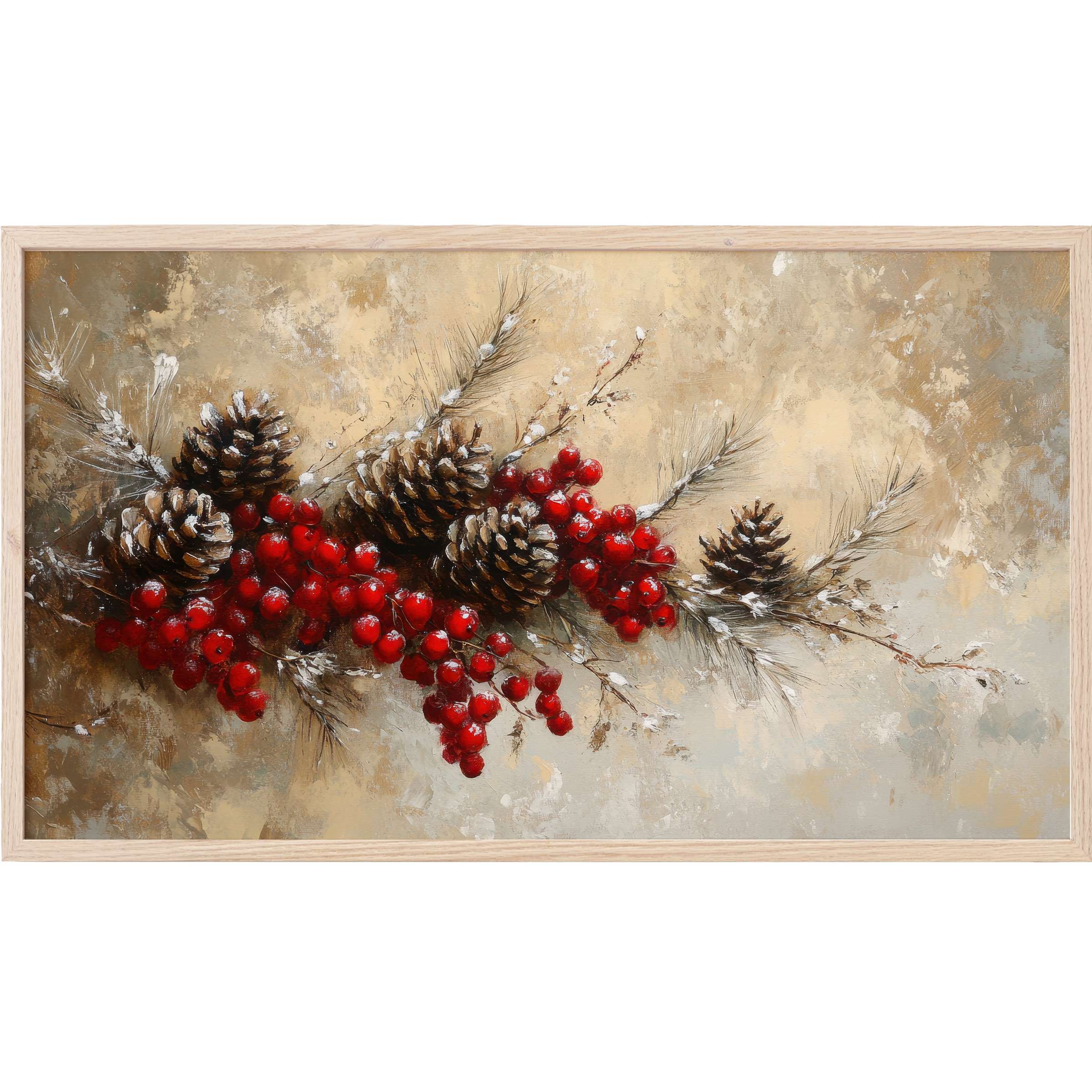 Christmas Frame TV Art featuring textured pinecones and vibrant red berries on a muted beige background, elegant and modern