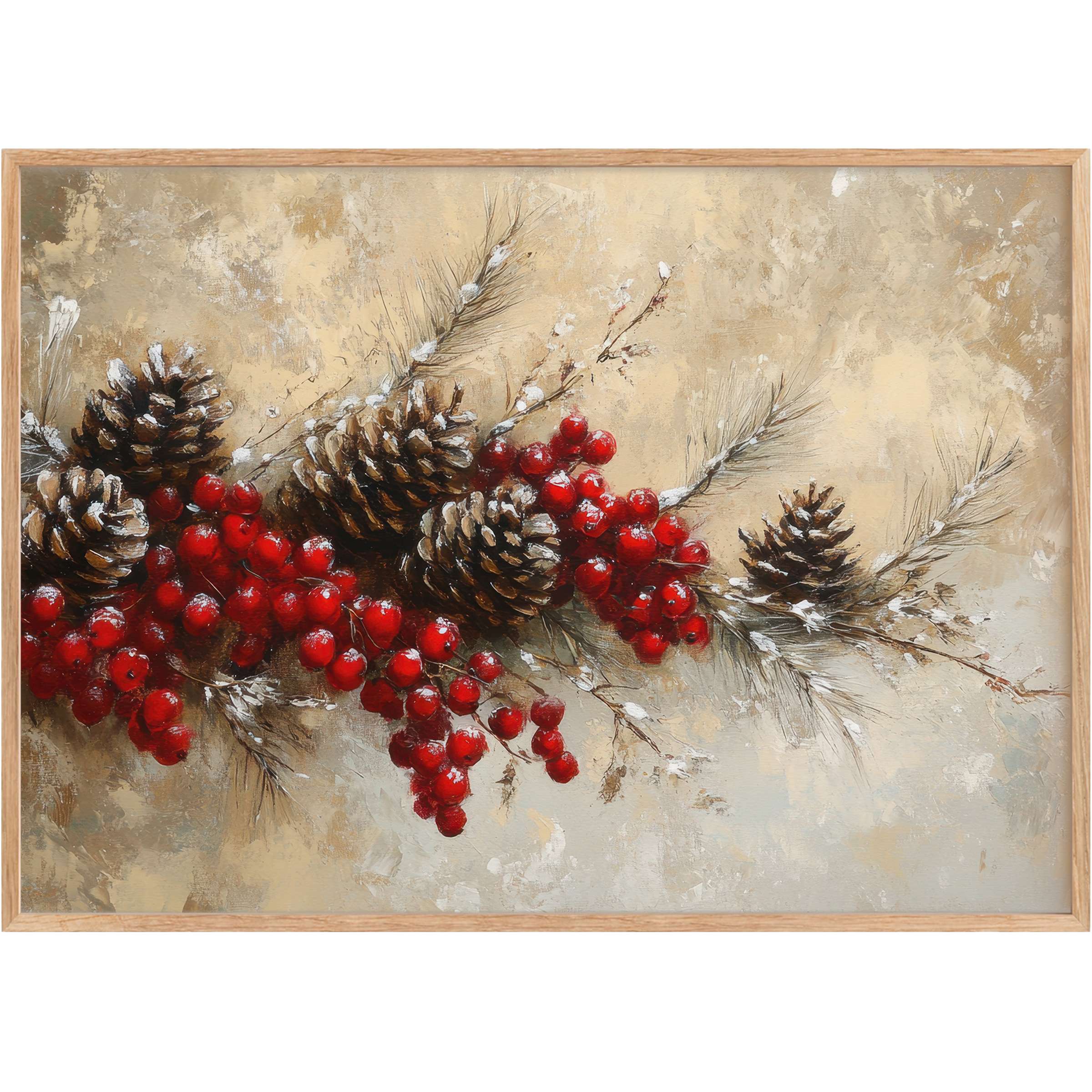 Christmas printable wall art featuring vibrant red berries and pinecones, creating a warm, elegant holiday ambiance with soft beige and earthy tones