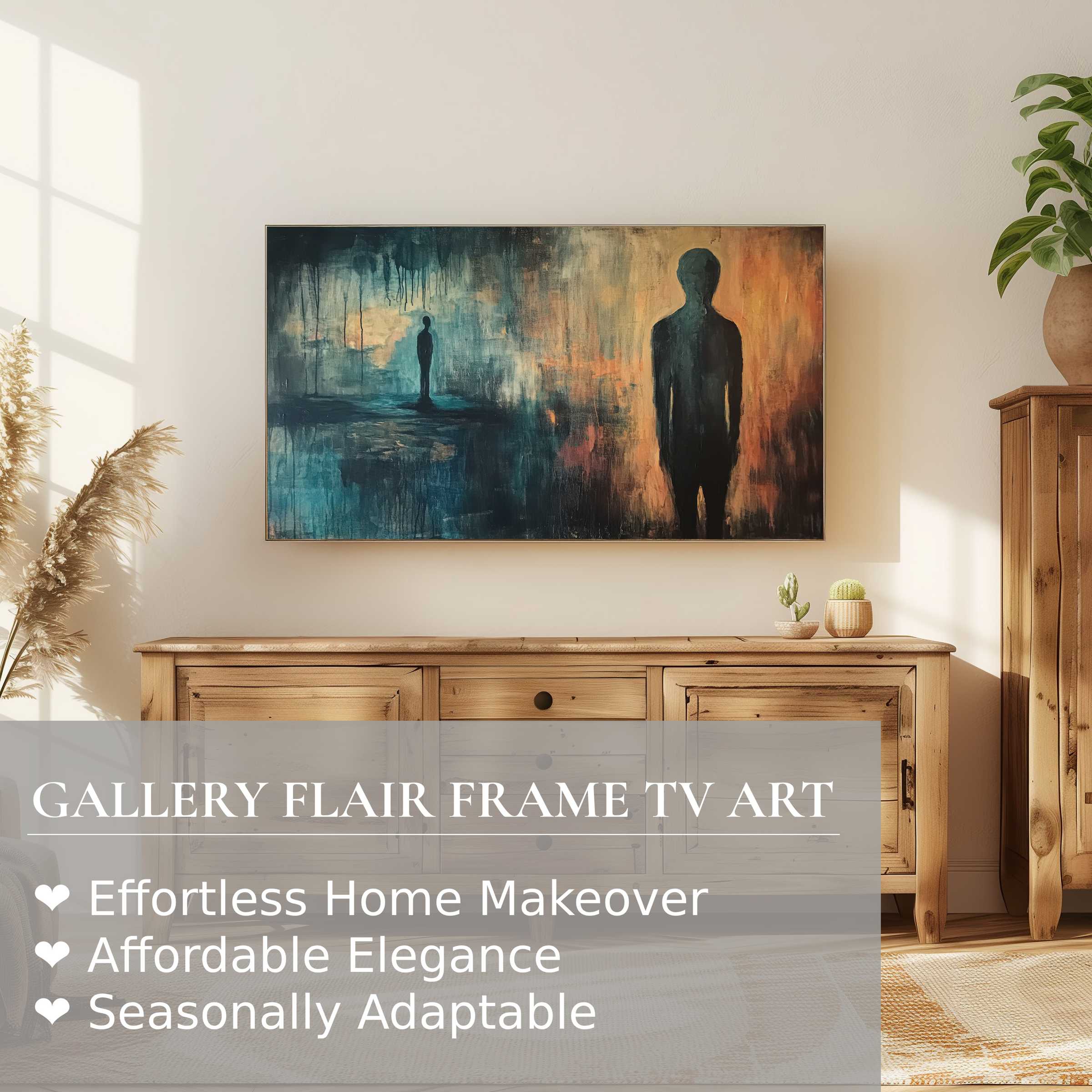 Samsung Frame TV displays intriguing modern digital artwork with abstract figures in a warm, serene living room setting