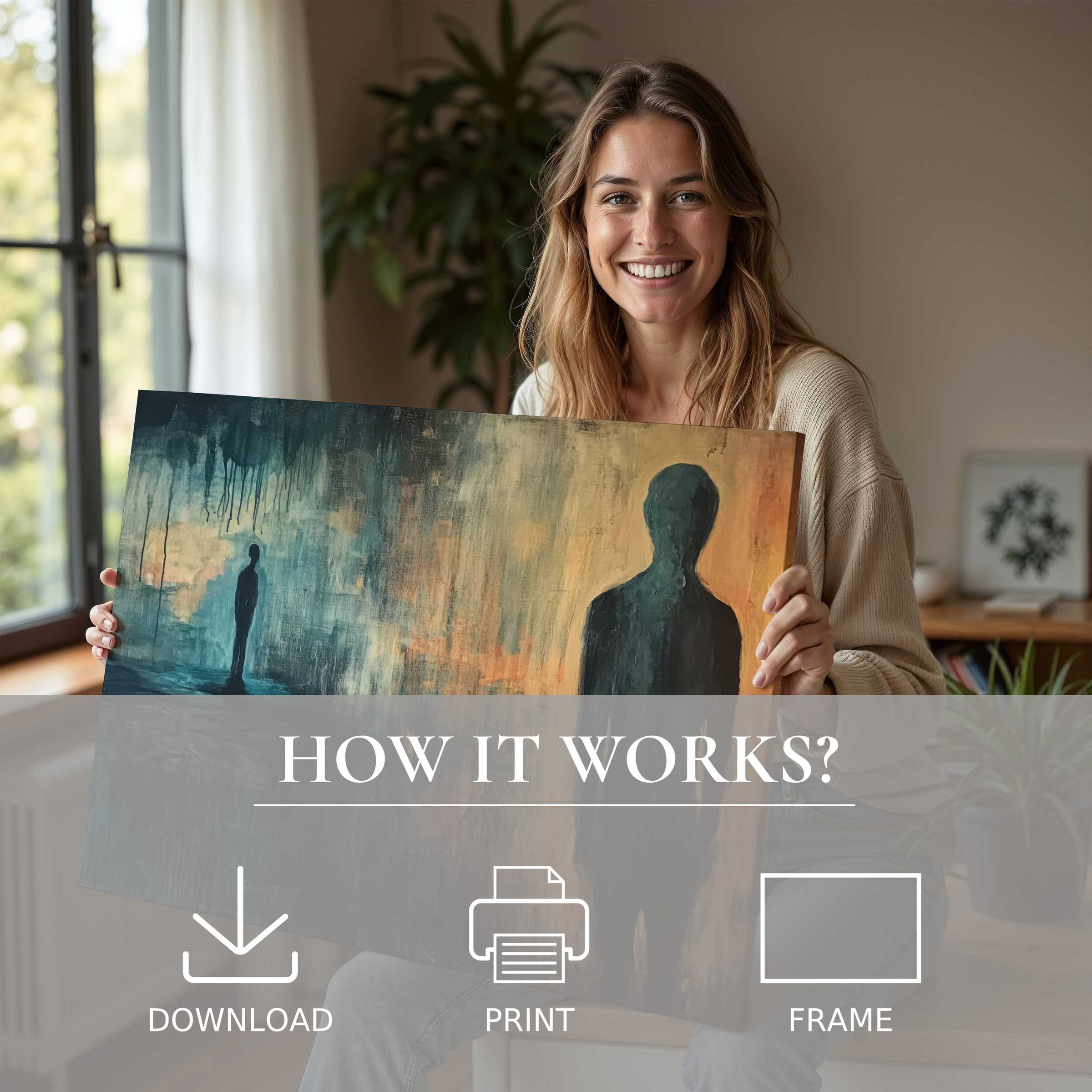 A woman radiates joy in her stylish living room, embracing the serenity of a modern digital art print in deep blues and warm ambers