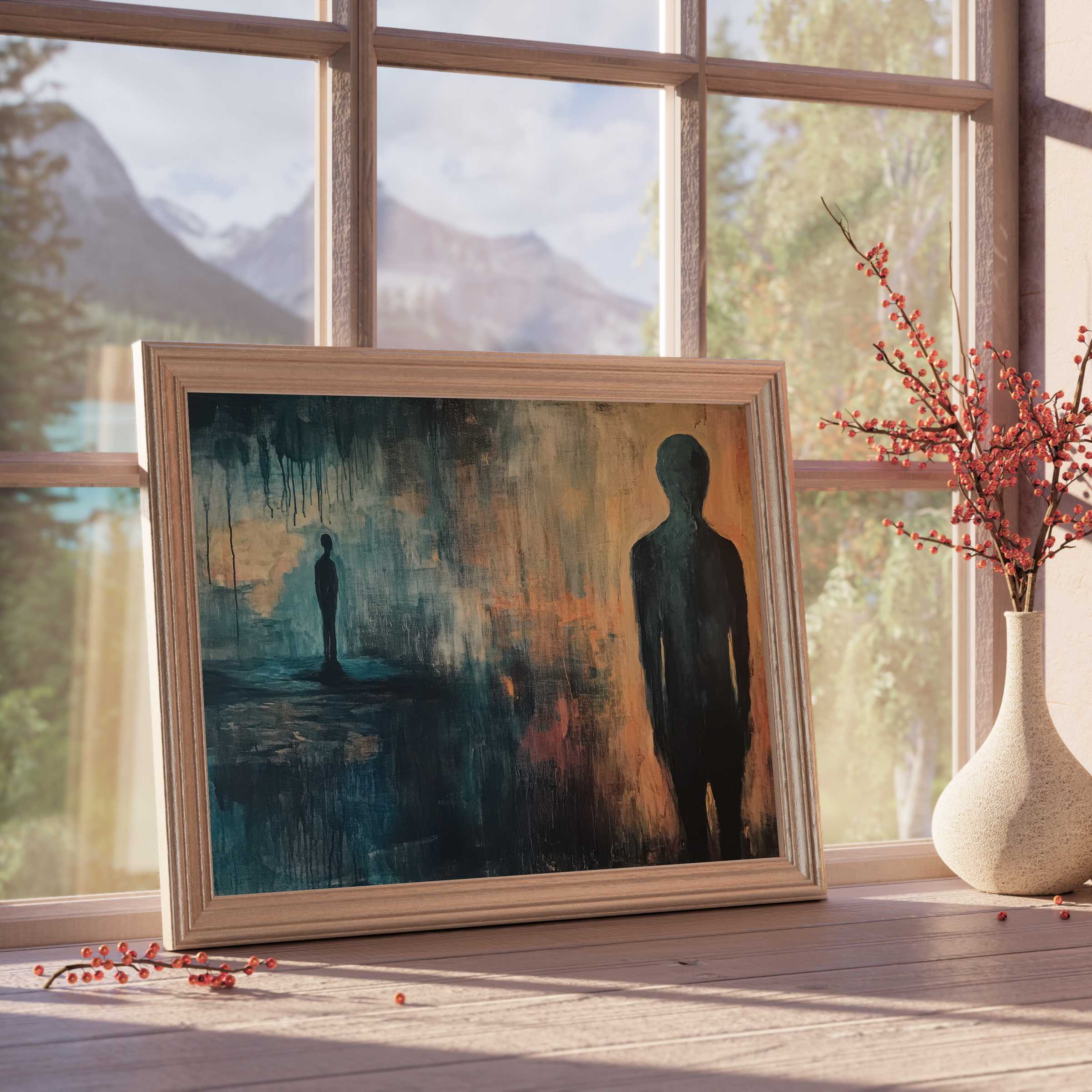 Modern downloadable art featuring mysterious silhouettes in moody blue and warm amber hues, enriching serene, design-forward interiors