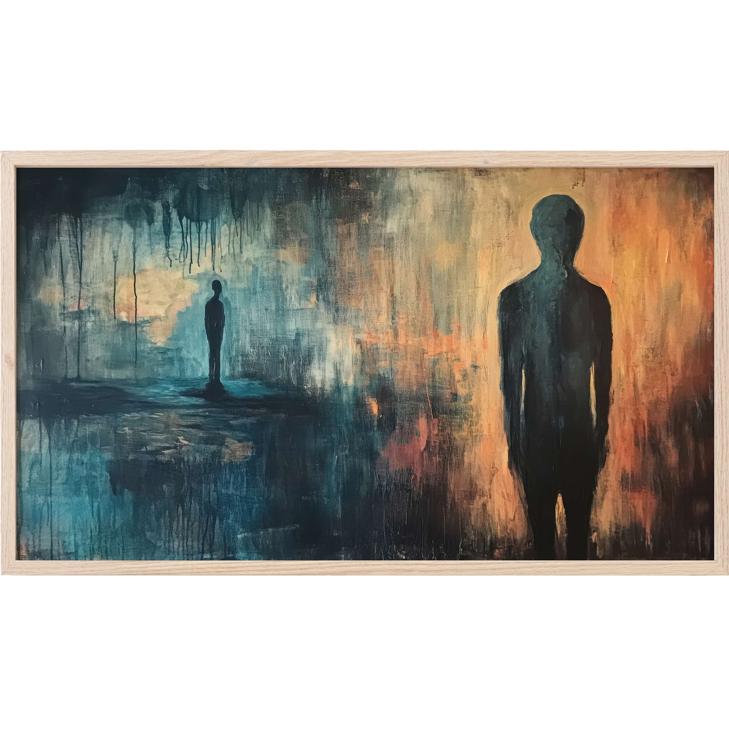 Modern Frame TV Art depicting two silhouetted figures in a moody blend of deep blues and warm amber tones