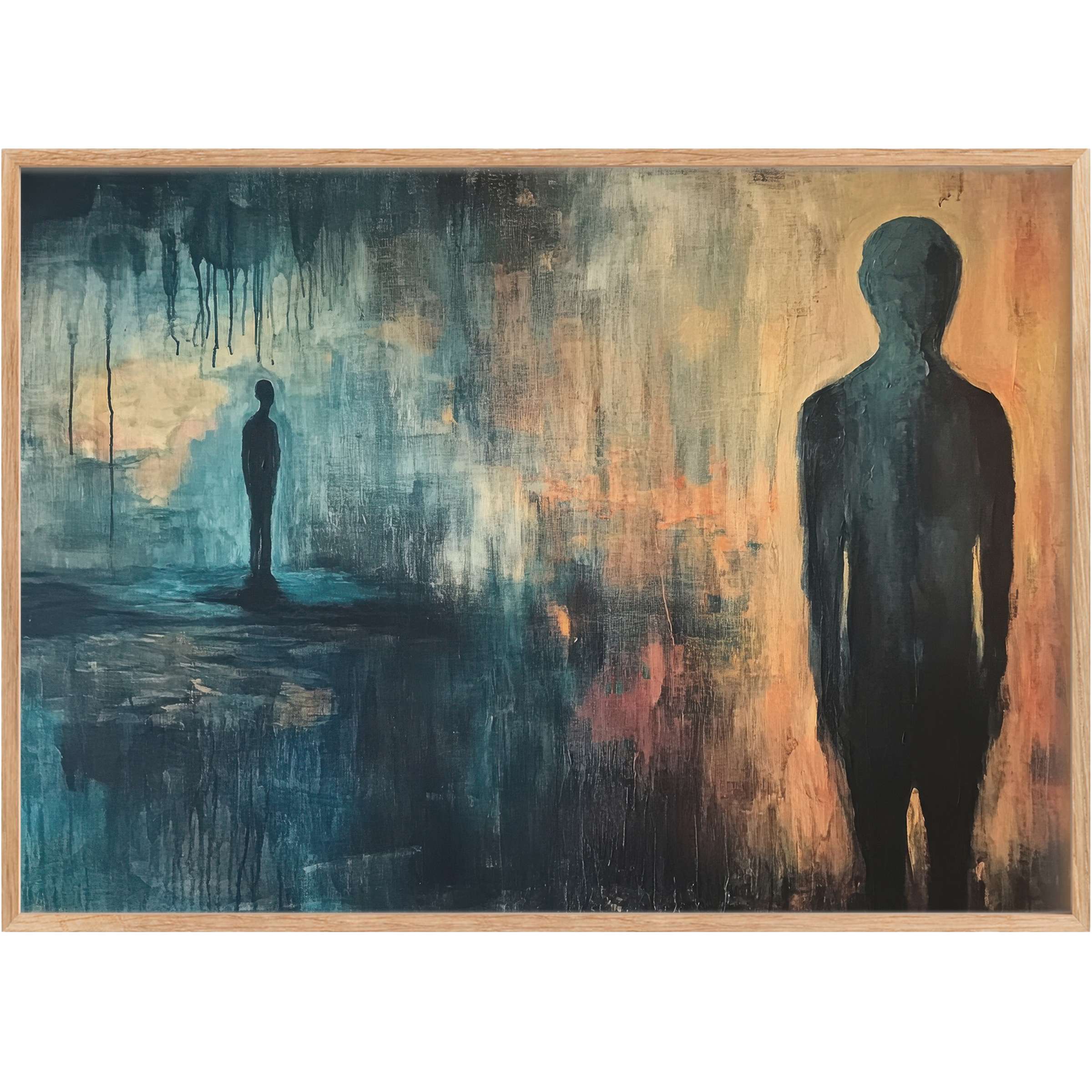 Modern printable wall art featuring shadowy silhouettes amid moody blues and warm amber hues, evoking introspective calm