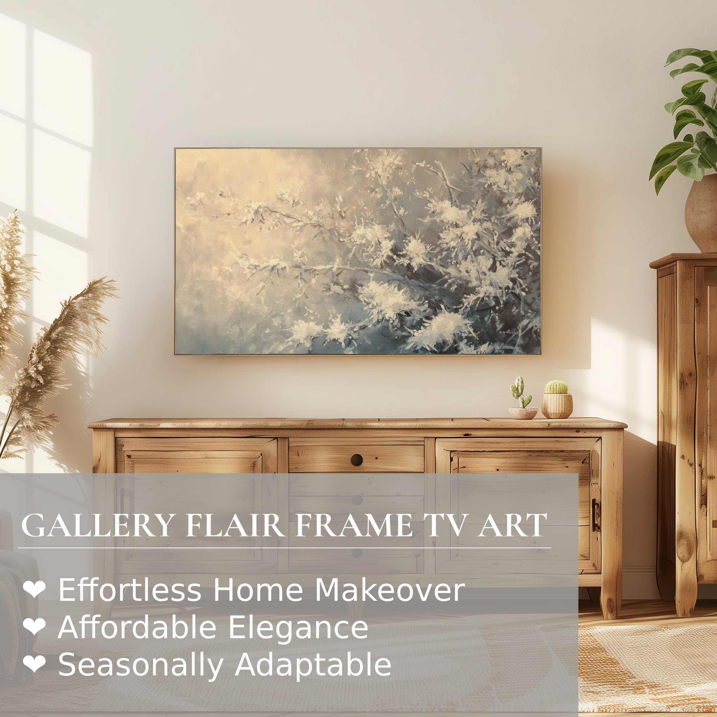 Modern winter digital artwork of frosted branches displayed on Samsung Frame TV in warm, elegant home decor setting