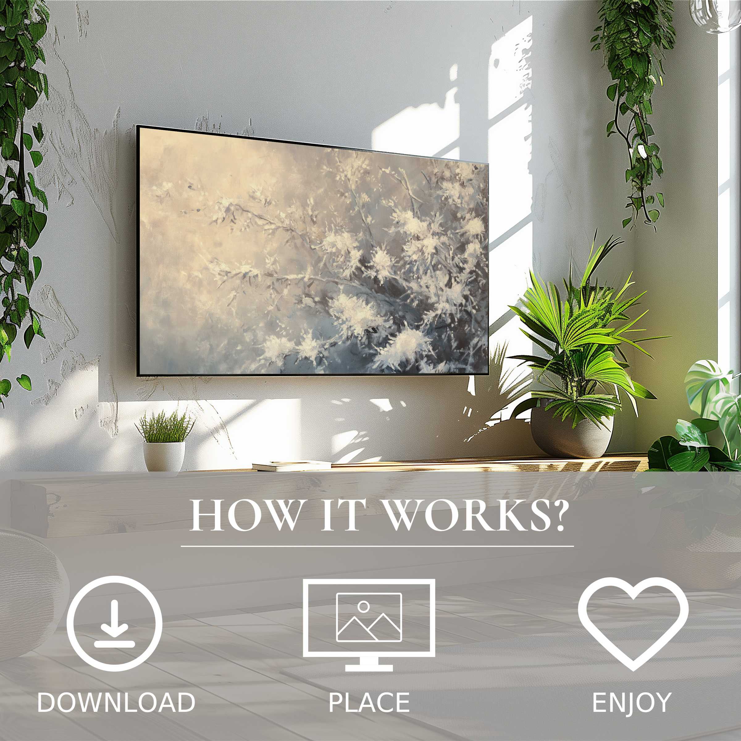 Winter art for Samsung TV shows soft snow-covered branches, easy digital download enriches stylish living spaces