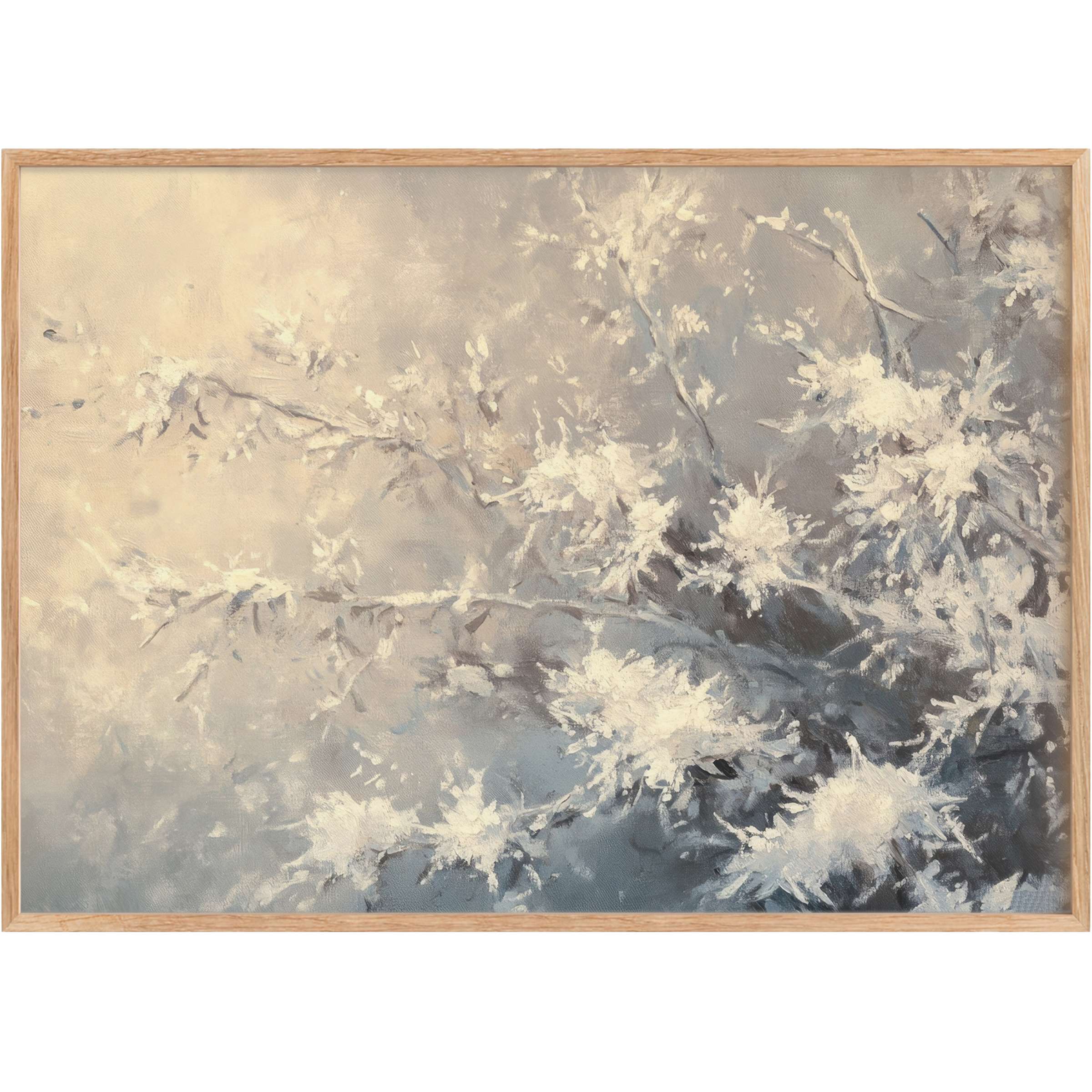 Ethereal winter printable wall art blending soft grays and icy whites, evoking serene, frosted elegance for refined interiors