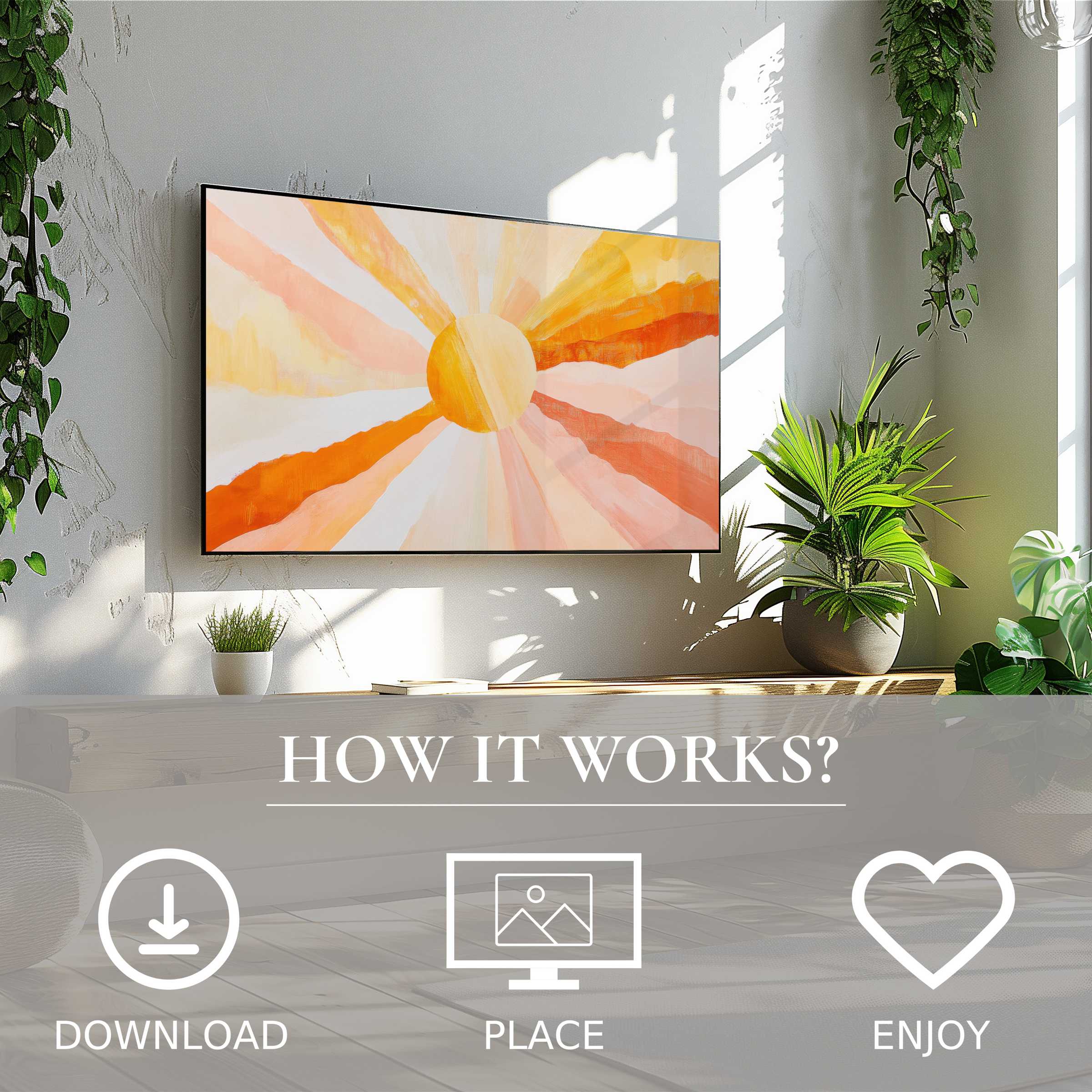 Boho art for Samsung TV shows soft sunset tones; easy digital download enriches bright, plant-filled living space