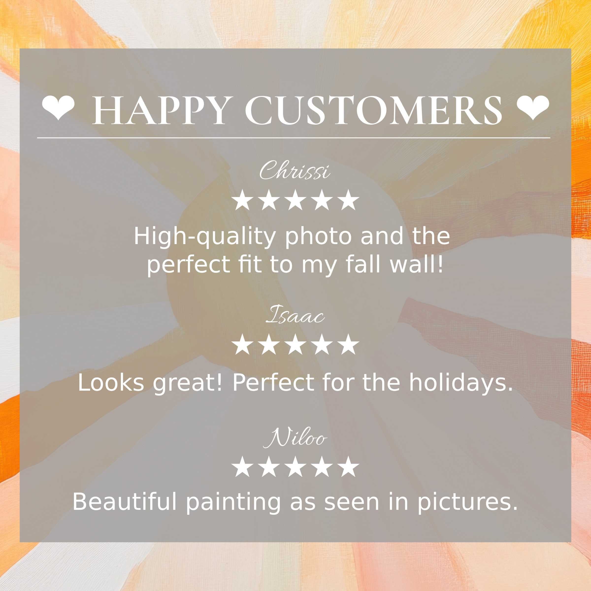 Boho art for Frame TV with abstract warm hues, showcasing happy customer reviews and elegant, trustworthy design