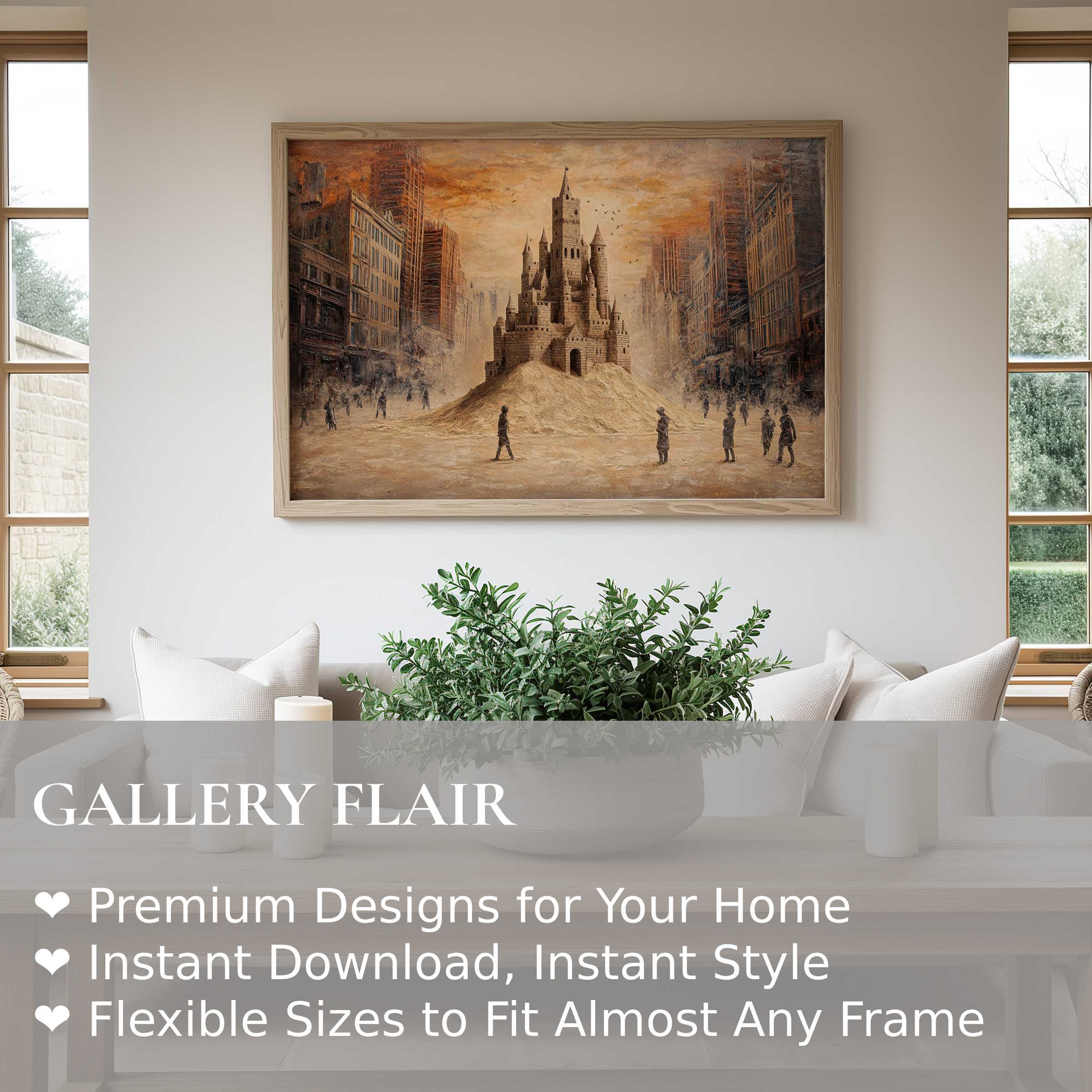 Bold street art wall art print featuring a surreal sandcastle amidst urban decay, adding dramatic depth to modern minimalist interiors