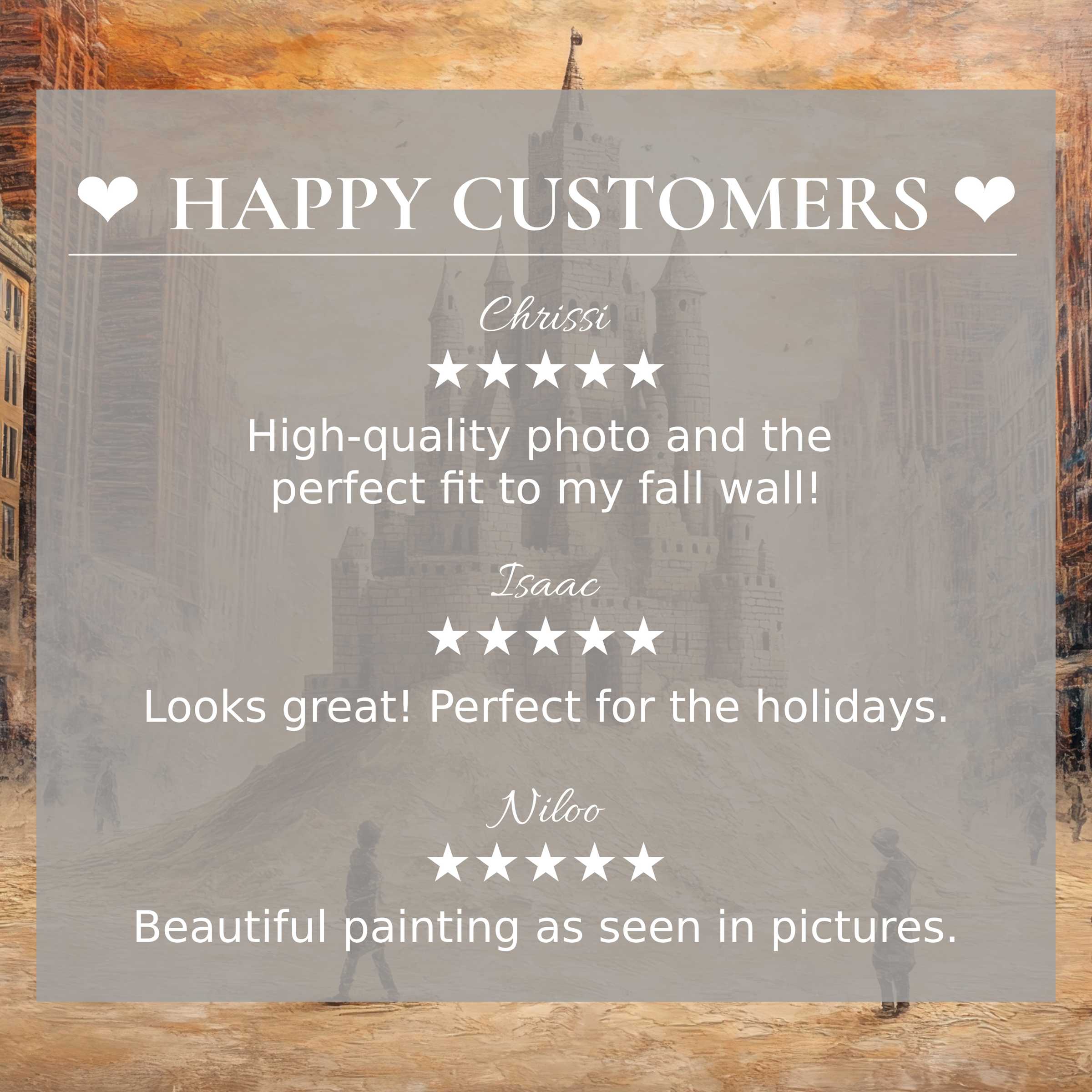 Elegant street art for Frame TV with warm sunset hues, showcasing happy customer reviews to build trust and style