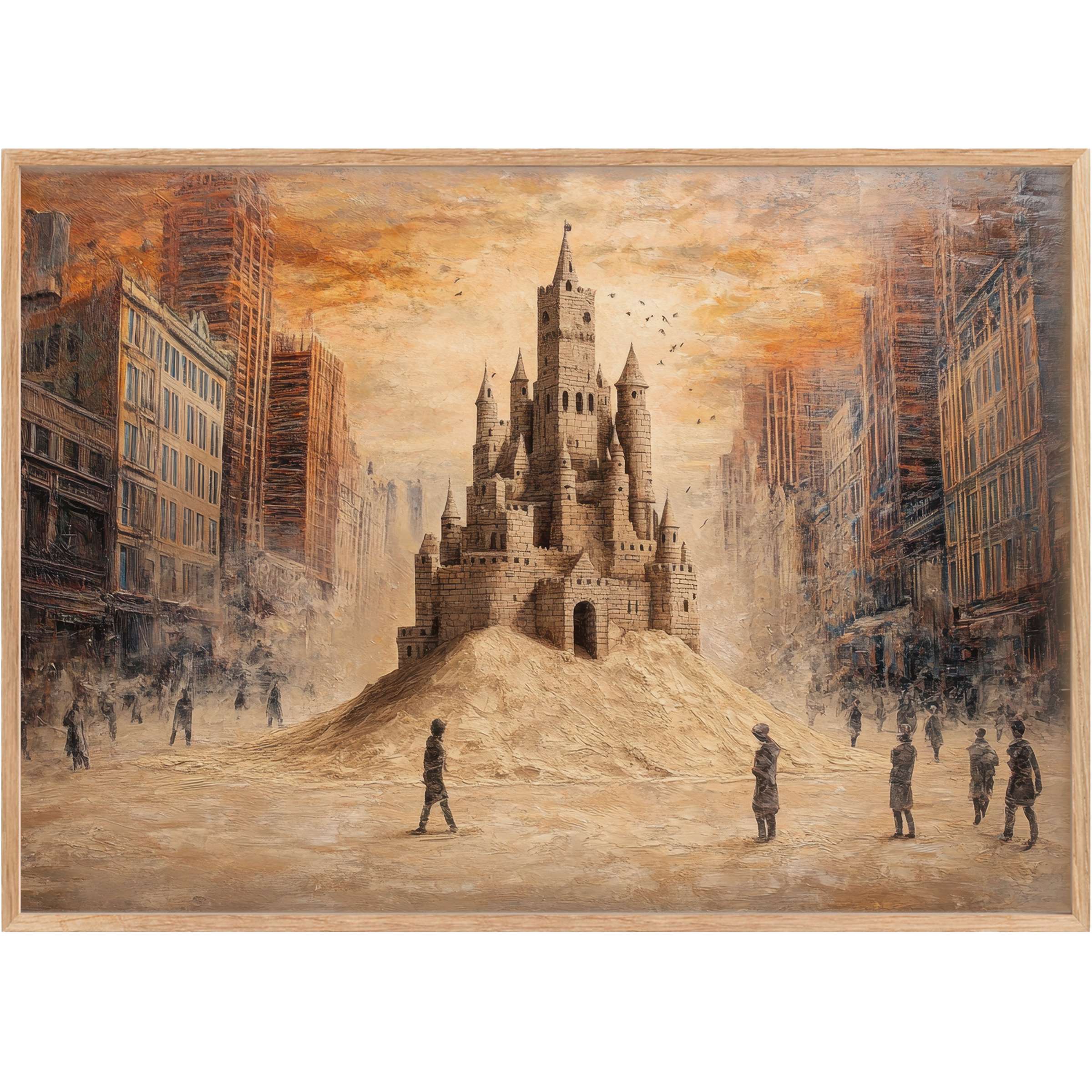 Evoking timeless wonder, this street art printable wall art blends sepia tones and rich textures to create a contemplative, surreal urban sanctuary