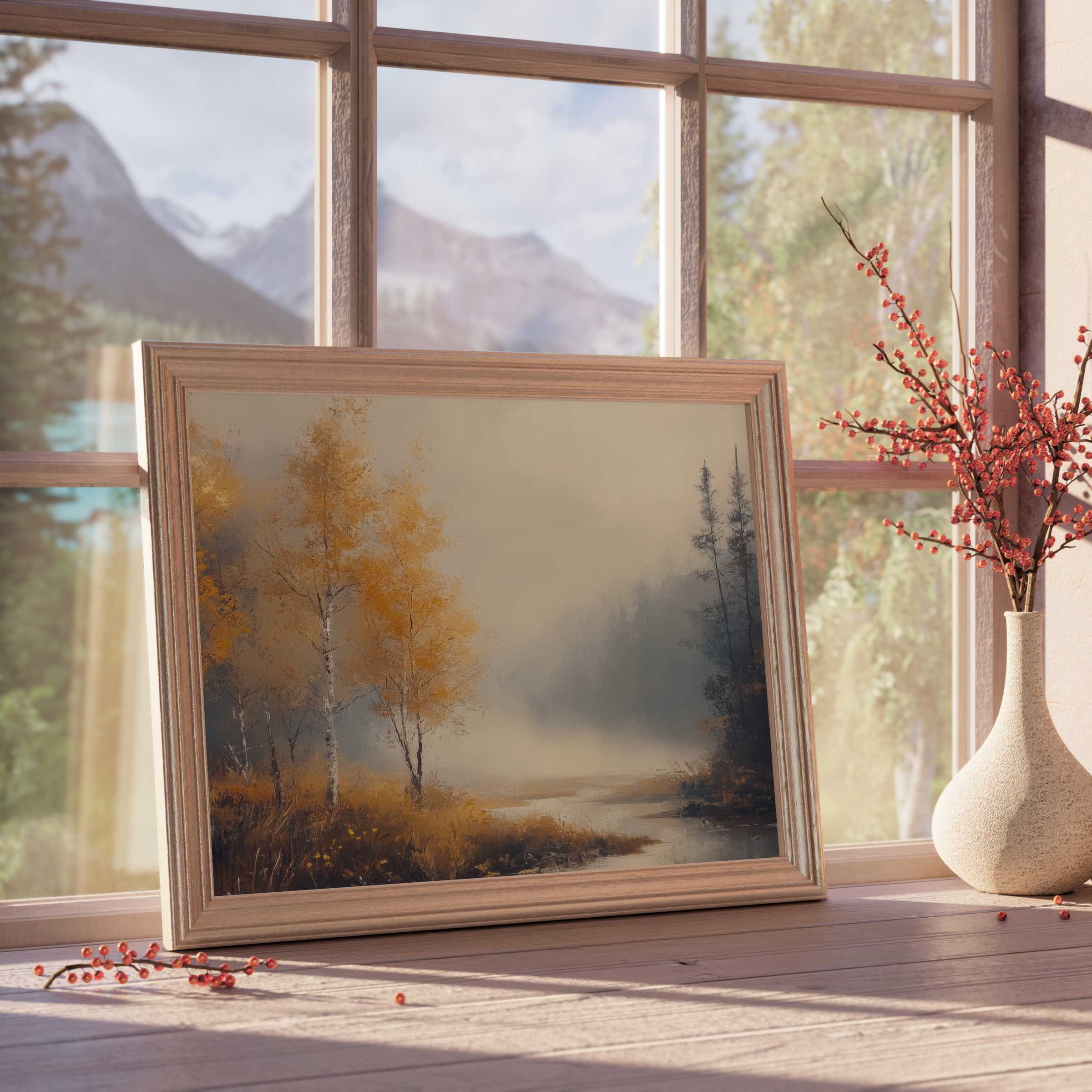 Fall downloadable art featuring serene autumn birch trees in a soft mist, elevating curated interiors with warm, tranquil ambiance