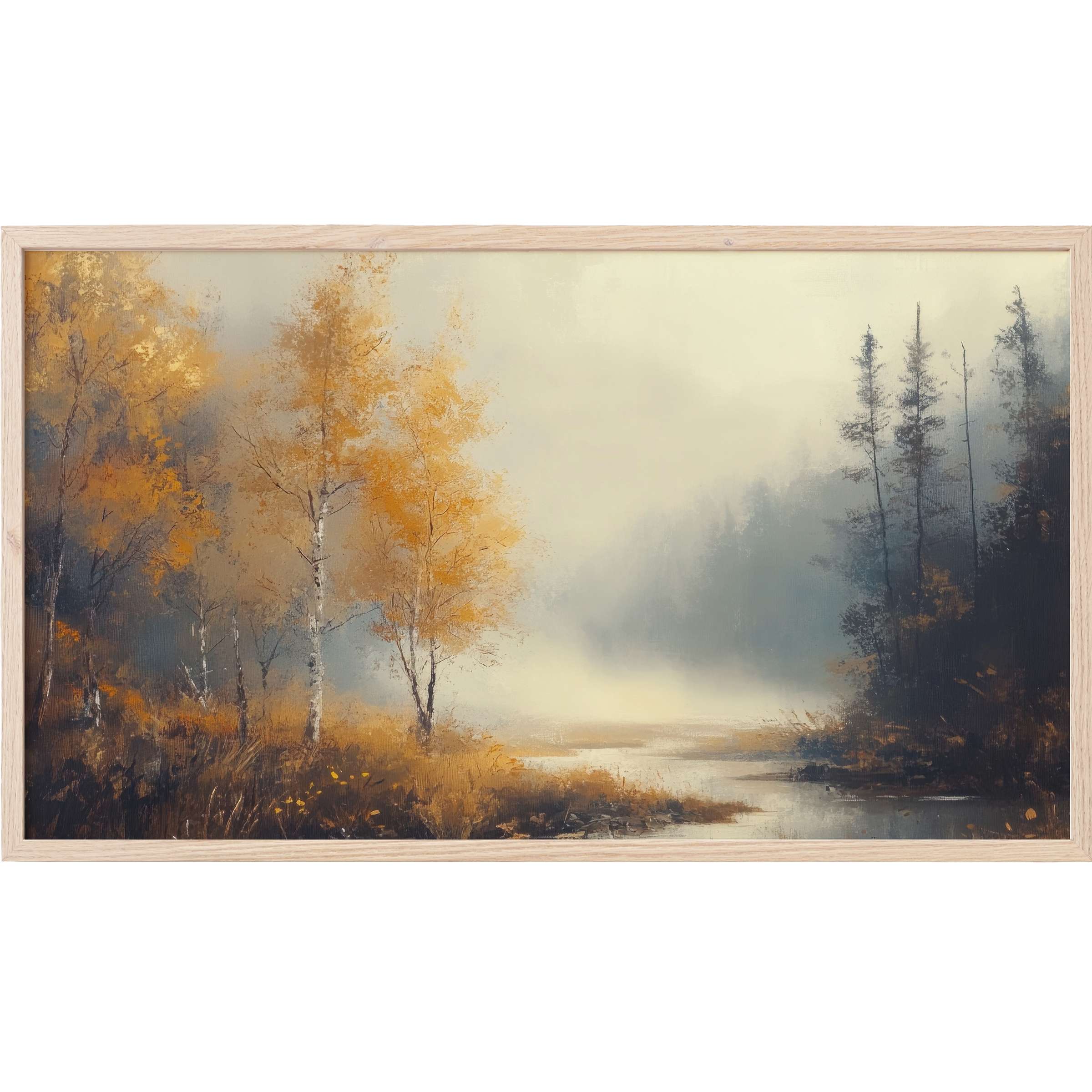 Fall Frame TV Art with misty autumn landscape, golden foliage, soft grays, and elegant impressionist style
