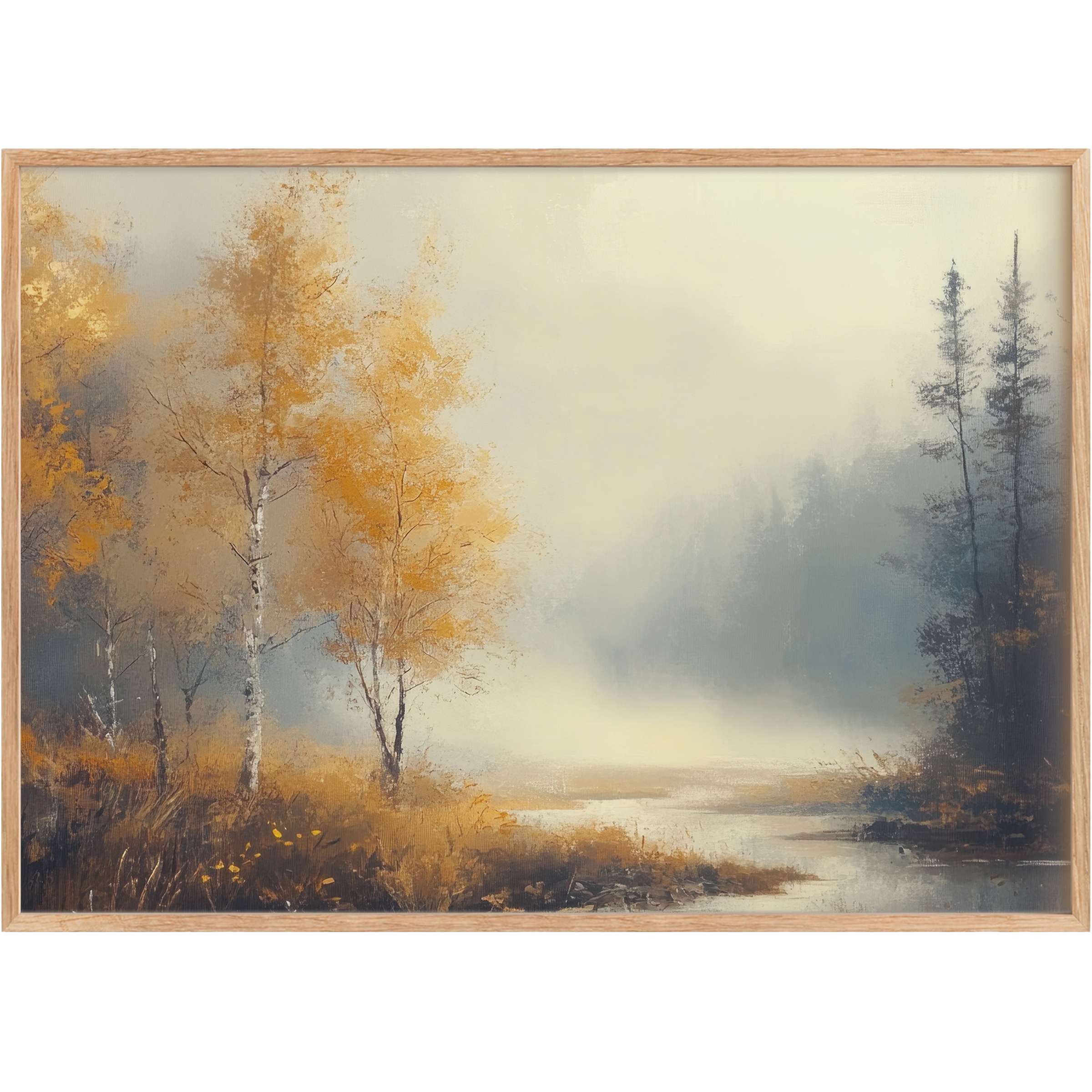 Serene fall printable wall art with golden-orange birch trees and misty blue-gray hues, evoking tranquility and warm elegance