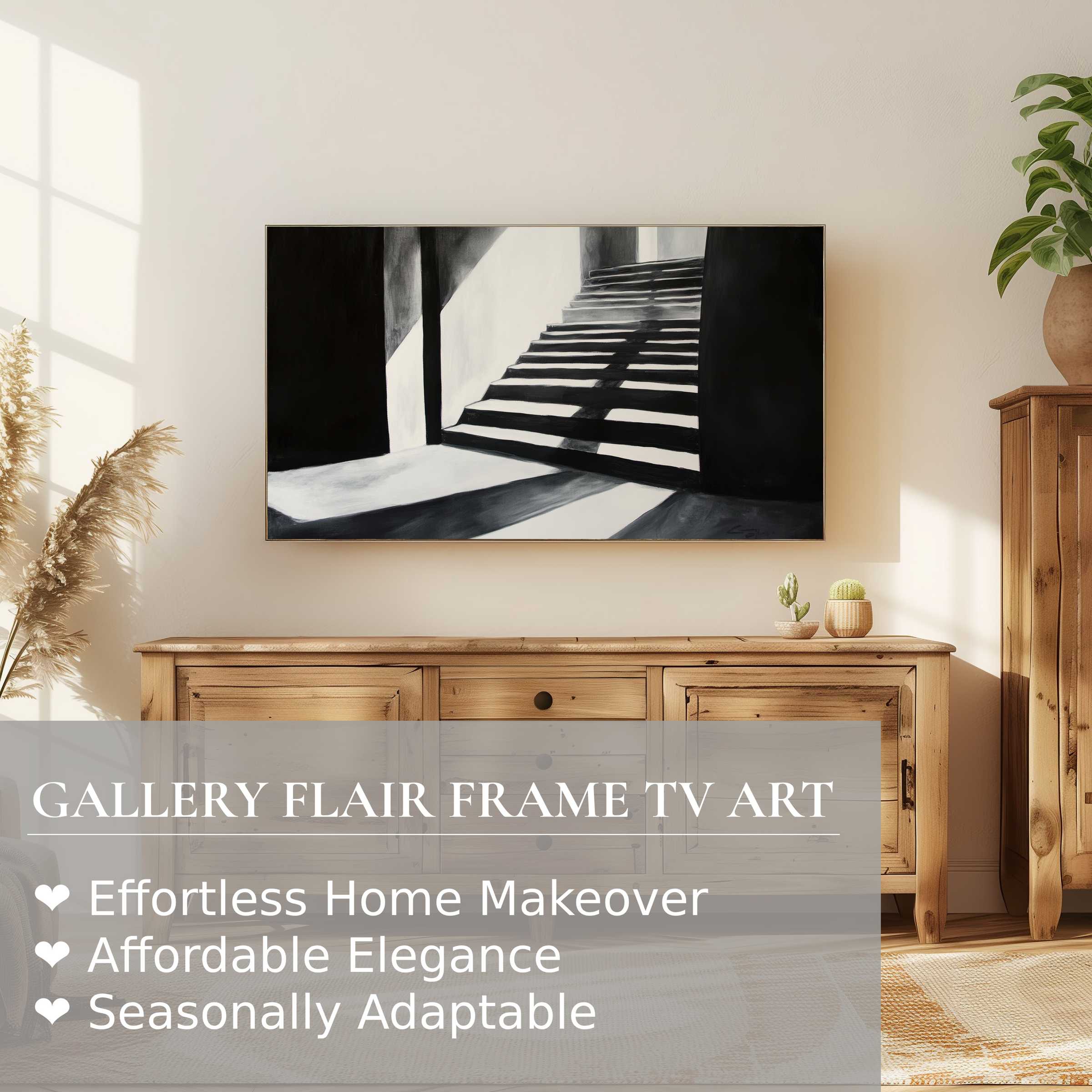Samsung Frame TV displaying black and white digital artwork of stairs, enhancing elegant modern home decor