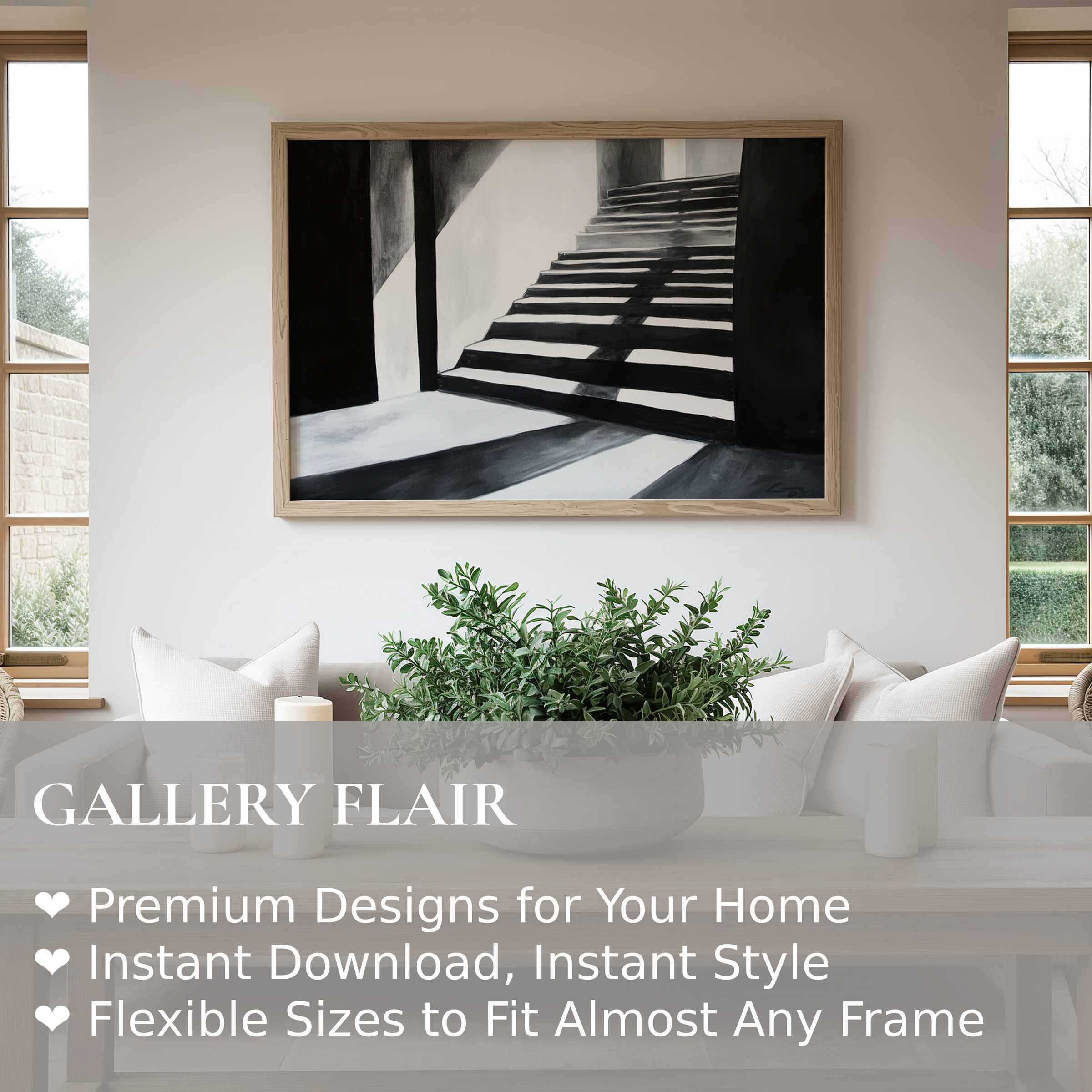 Black and white wall art print featuring bold stair shadows, enhancing minimalist modern interiors with dramatic depth and sophisticated contrast