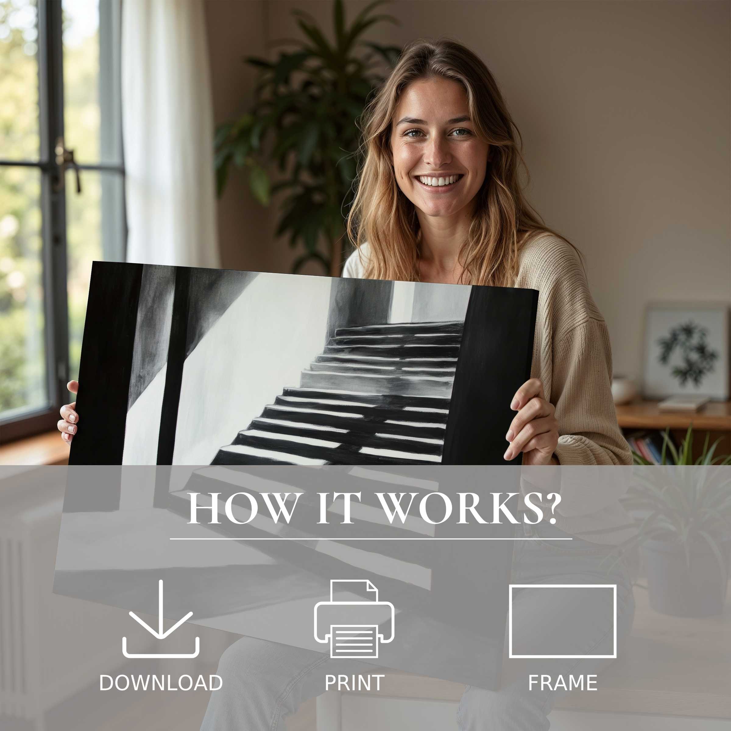 Radiating warmth and joy, a modern woman shares a black and white digital art print, inviting serene moments and effortless elegance into a stylish home