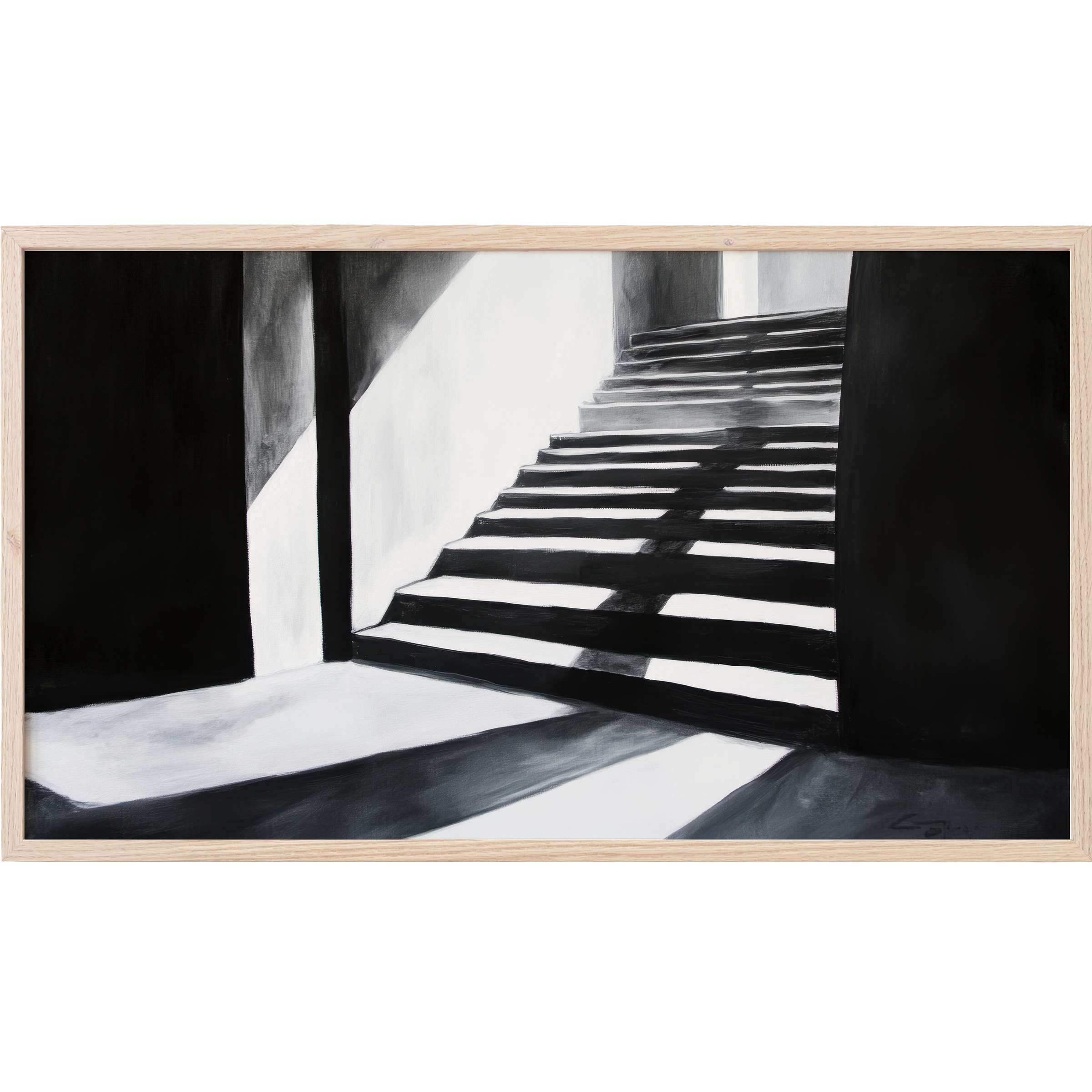 Minimalist monochrome staircase bathed in light and shadow, elegantly framed in black and white Frame TV Art