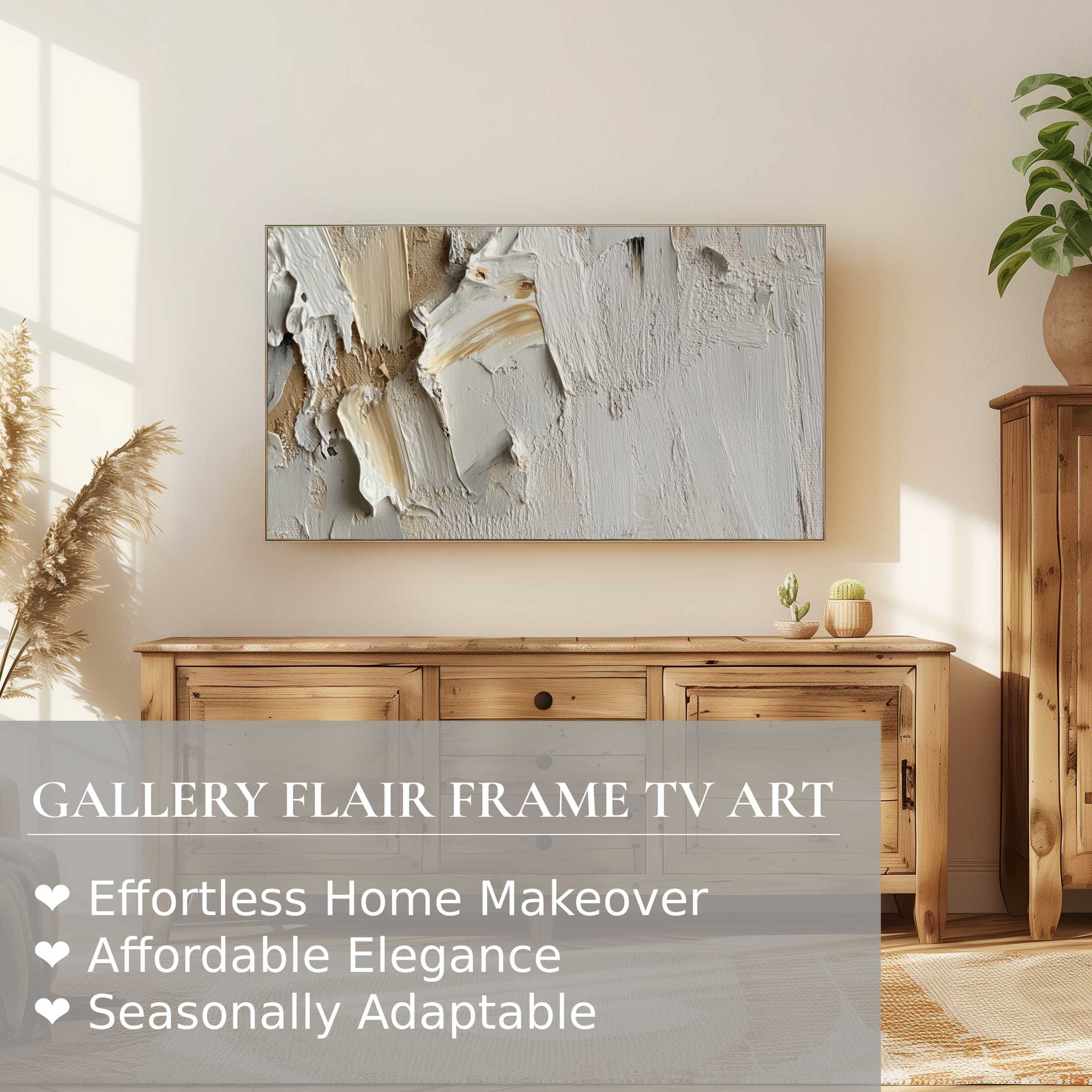 Samsung Frame TV displaying neutral digital artwork in a sunlit, natural wood, modern elegant living space