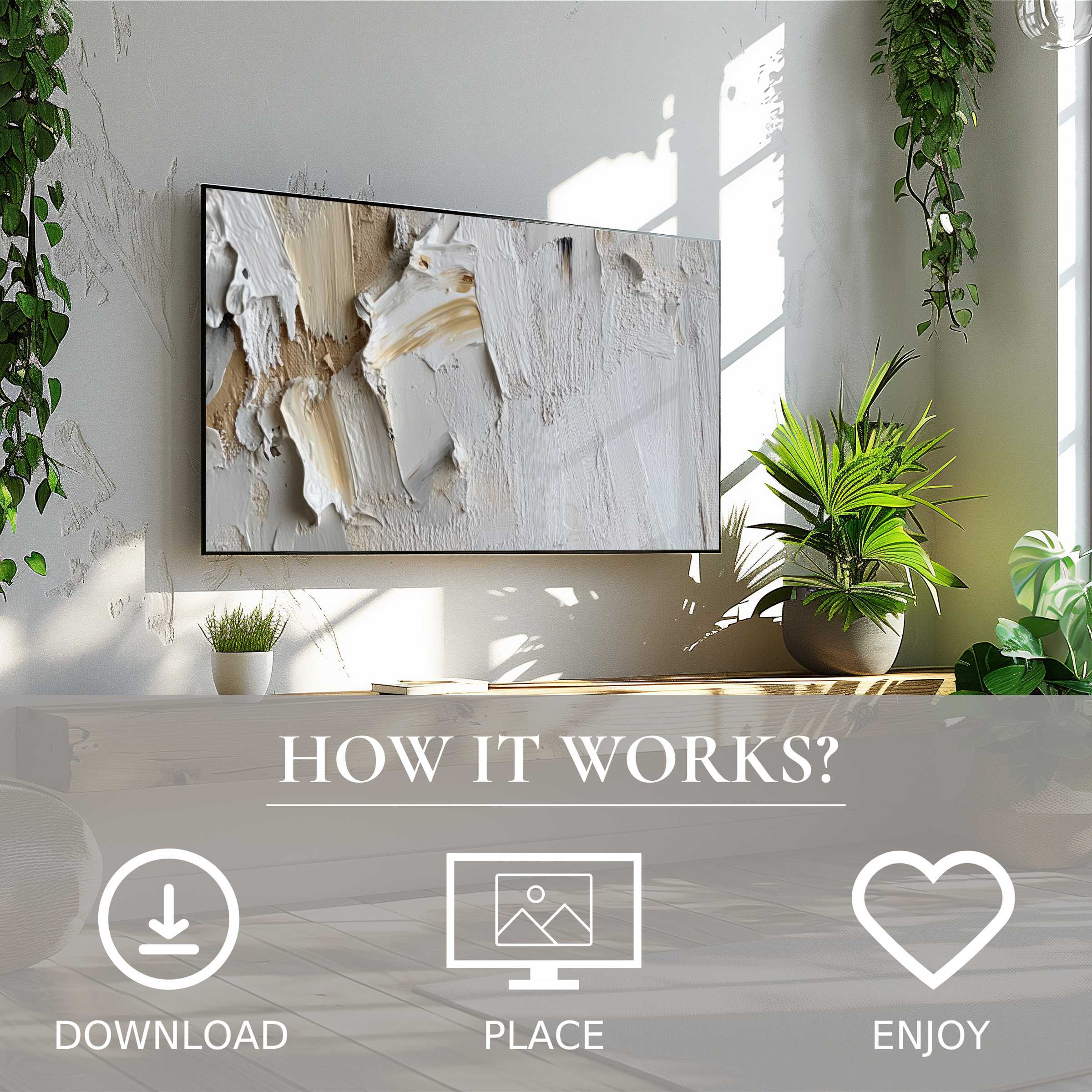 Neutral art for Samsung TV shows textured beige and white strokes, easy digital download enriches modern living spaces