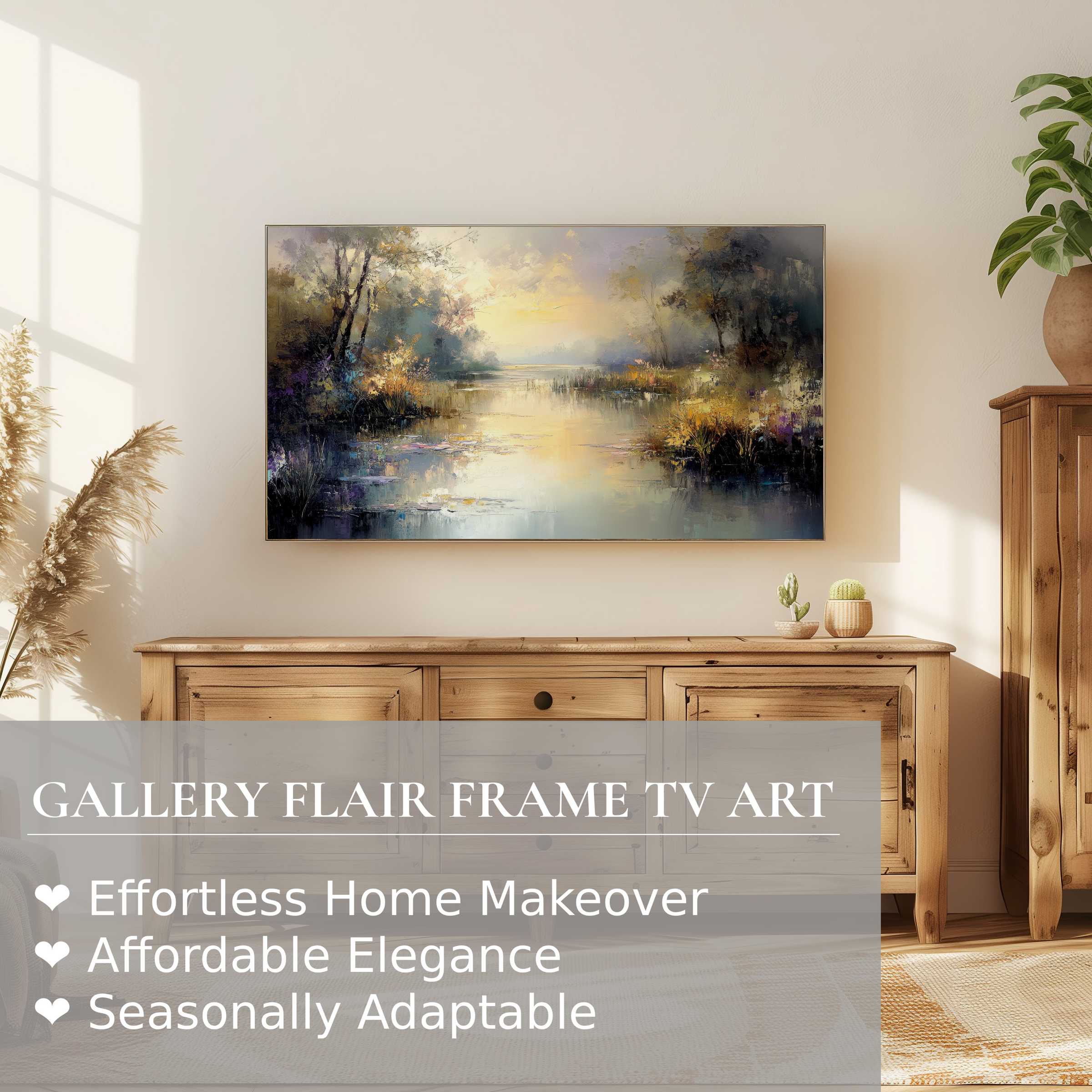 Samsung Frame TV displaying vintage digital artwork of a serene sunset landscape in a chic modern interior