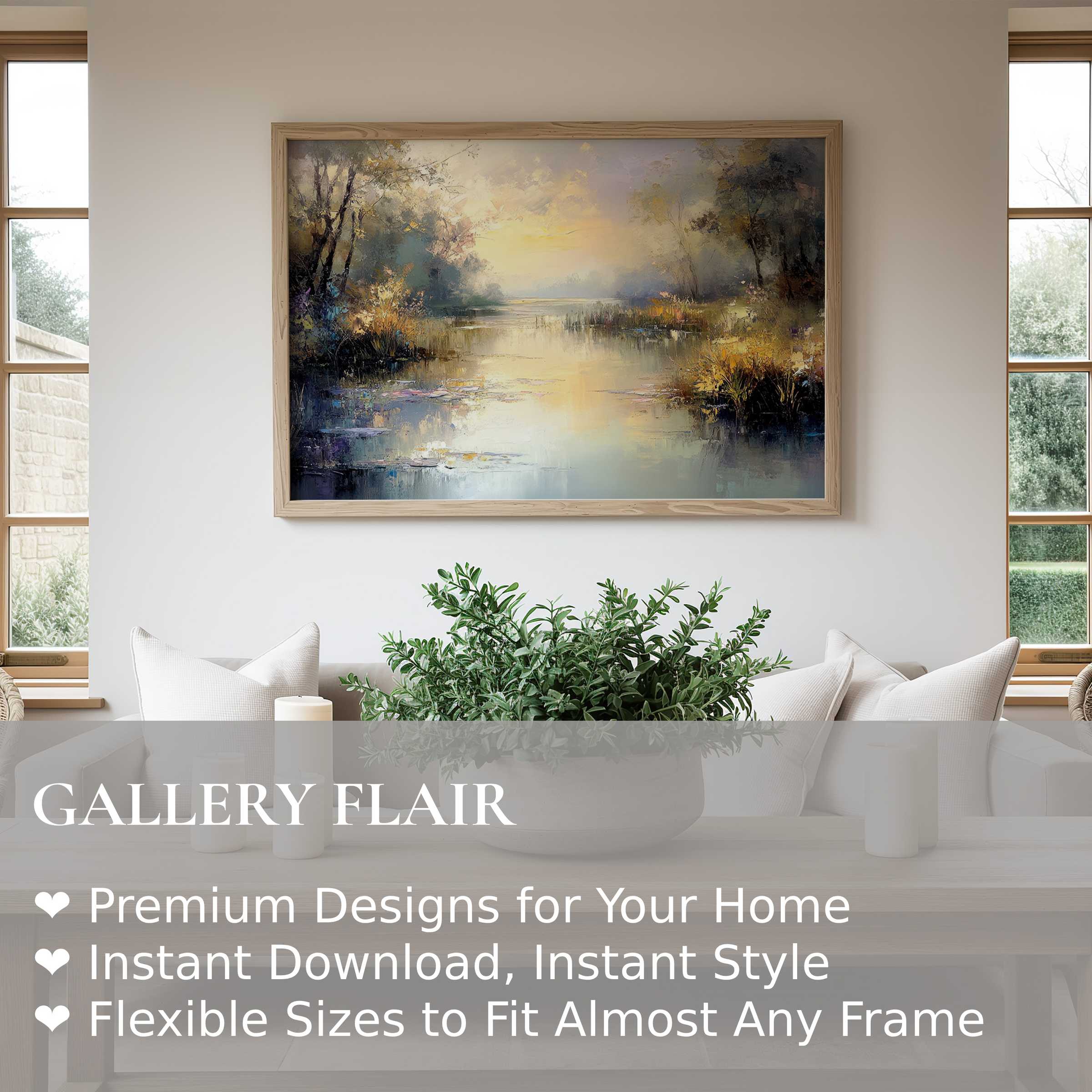Vintage wall art print of a serene river landscape, evoking calm and warmth in a modern, minimalist living space