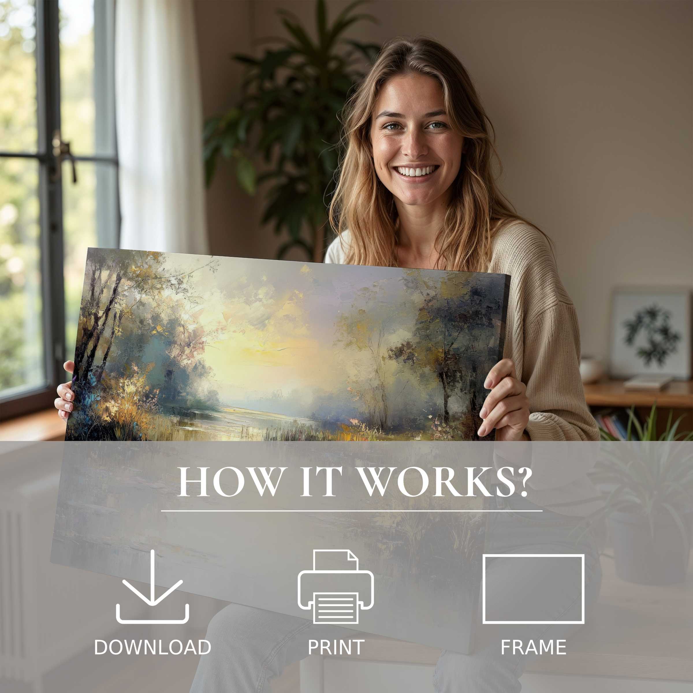 Radiant vintage digital art print evokes tranquil dawn, seamlessly enriching stylish modern interiors with timeless serenity and joy