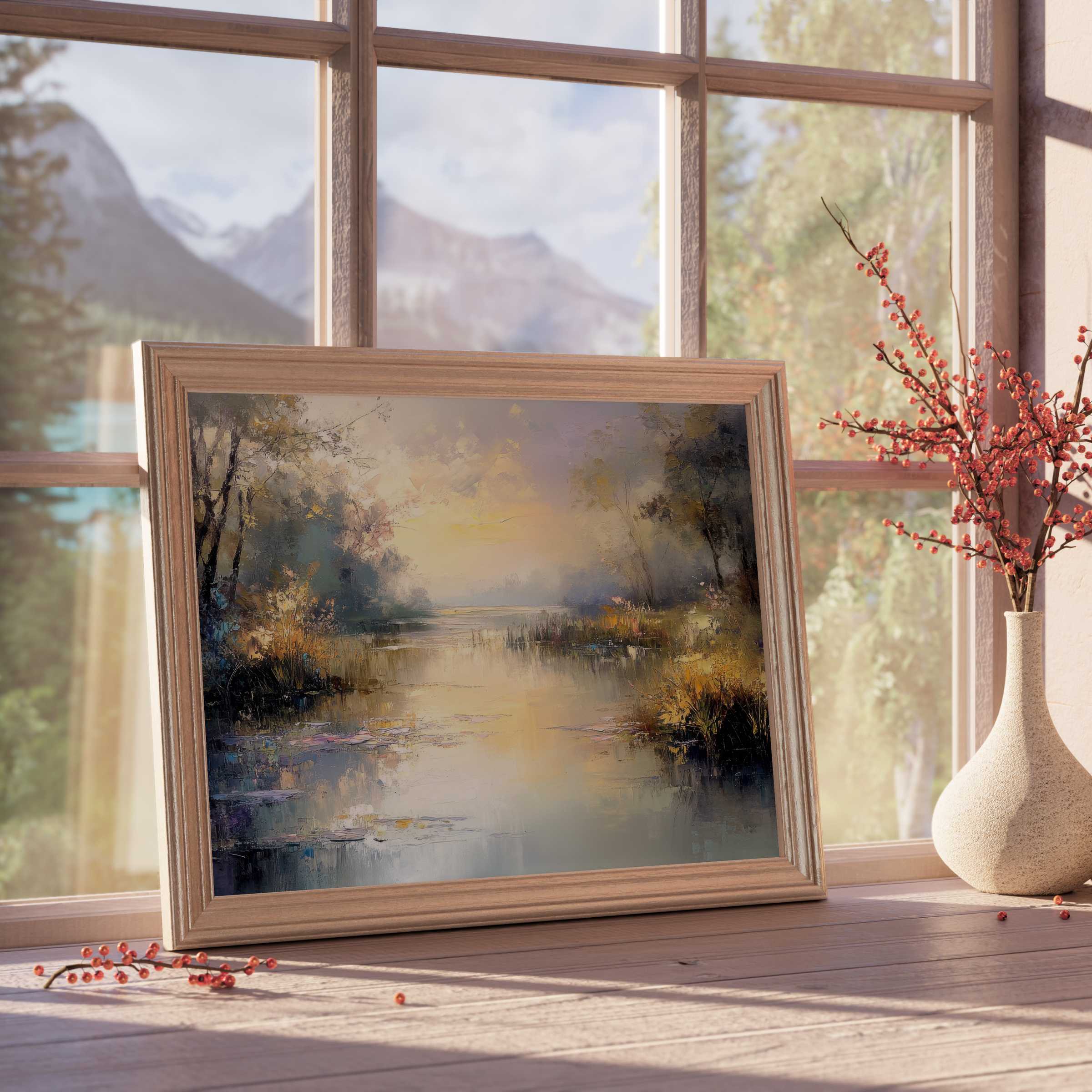 Vintage downloadable art evokes serene twilight reflections over a tranquil river, enriching curated interiors with warm, timeless elegance