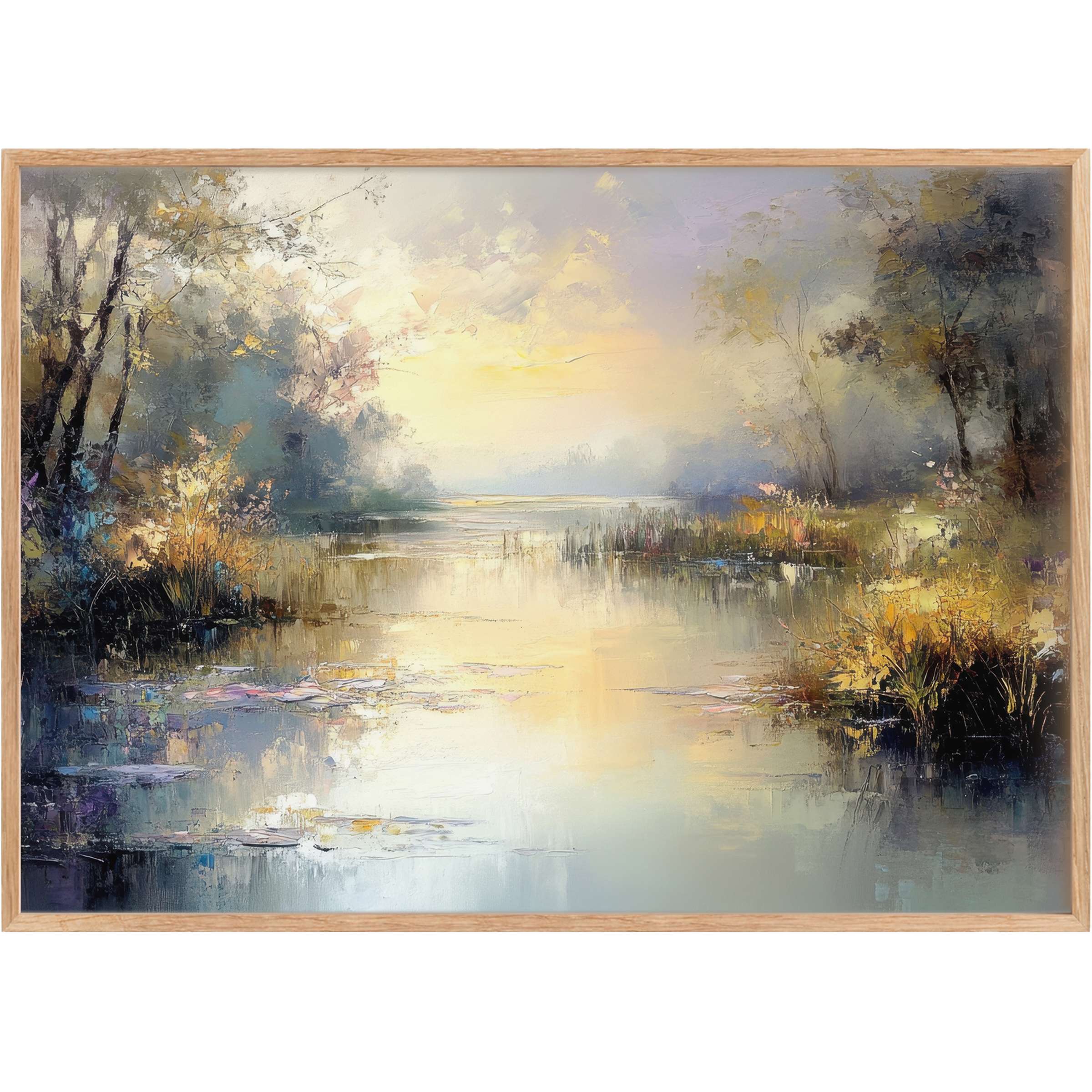 Vintage printable wall art evoking a serene dawn with soft golds, gentle blues, and misty greys, creating a tranquil, radiant atmosphere